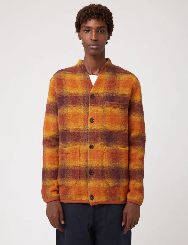 Universal Works Cardigan (Checked Wool Fleece) - Gold/Claret Orange sold by Article London