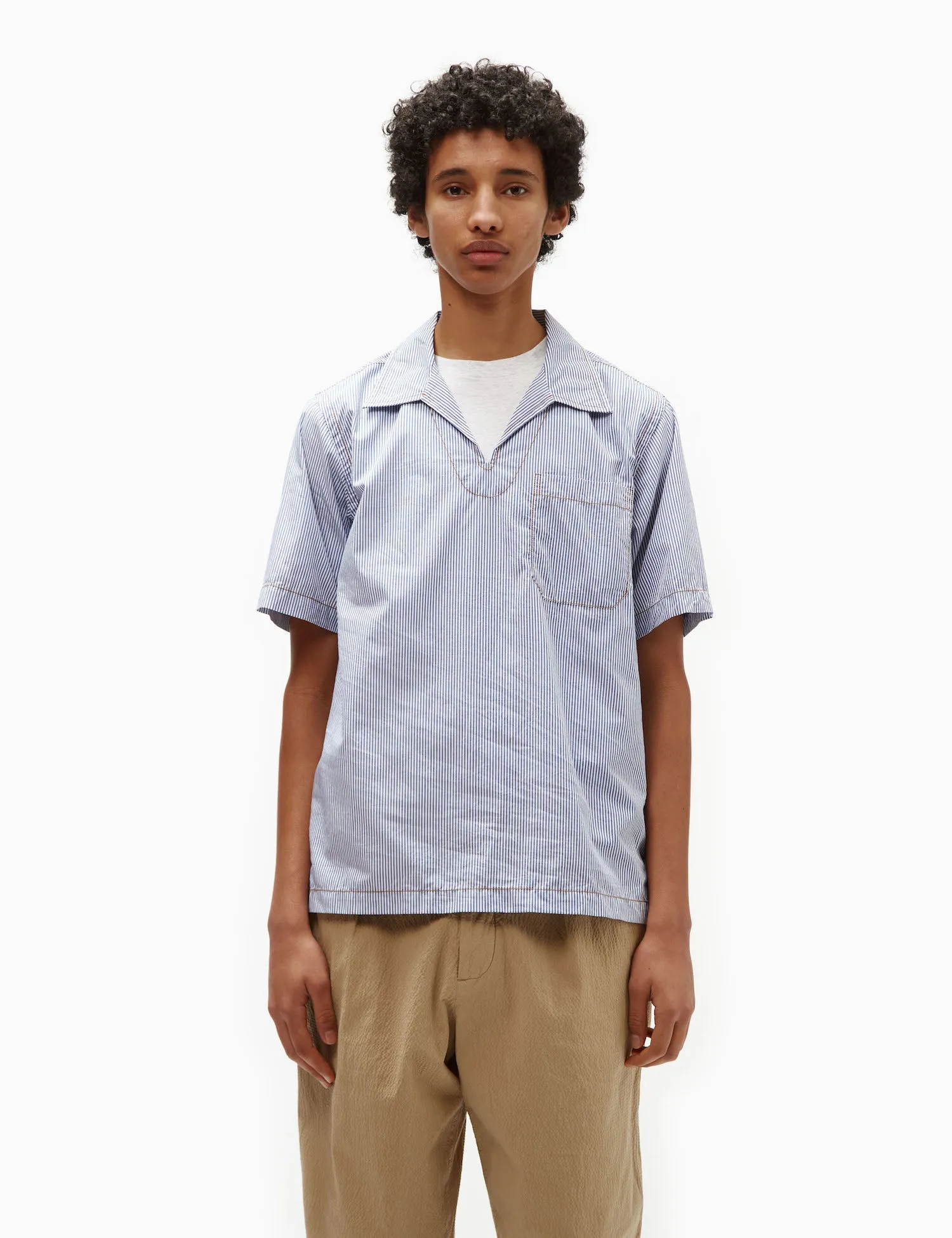 Universal Works Overhead Shirt (Poplin) - Navy Blue/White sold by Article London