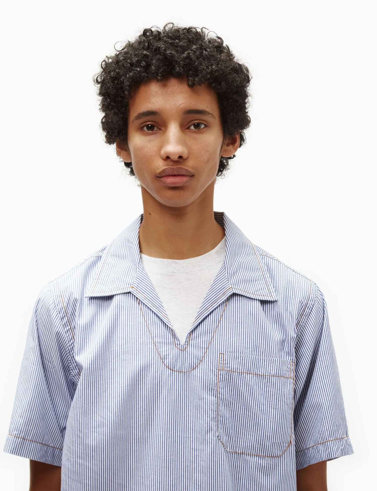 Universal Works Overhead Shirt (Poplin) - Navy Blue/White sold by Article London product image thumbnail 2