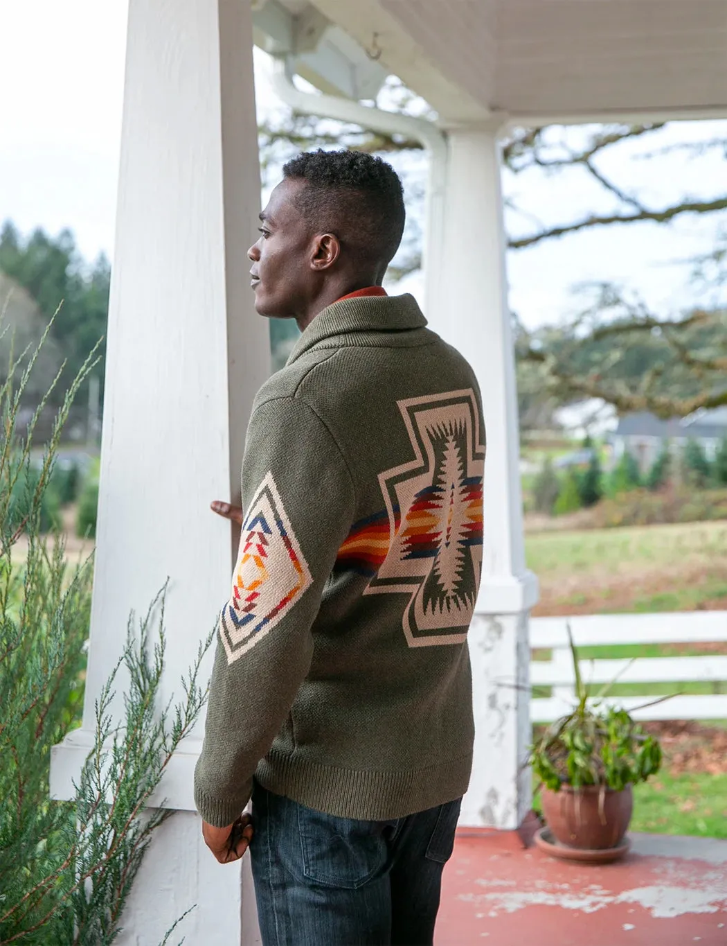 Pendleton Cotton Jacquard Shawl Sweater - Green Harding sold by Article London product image thumbnail 2