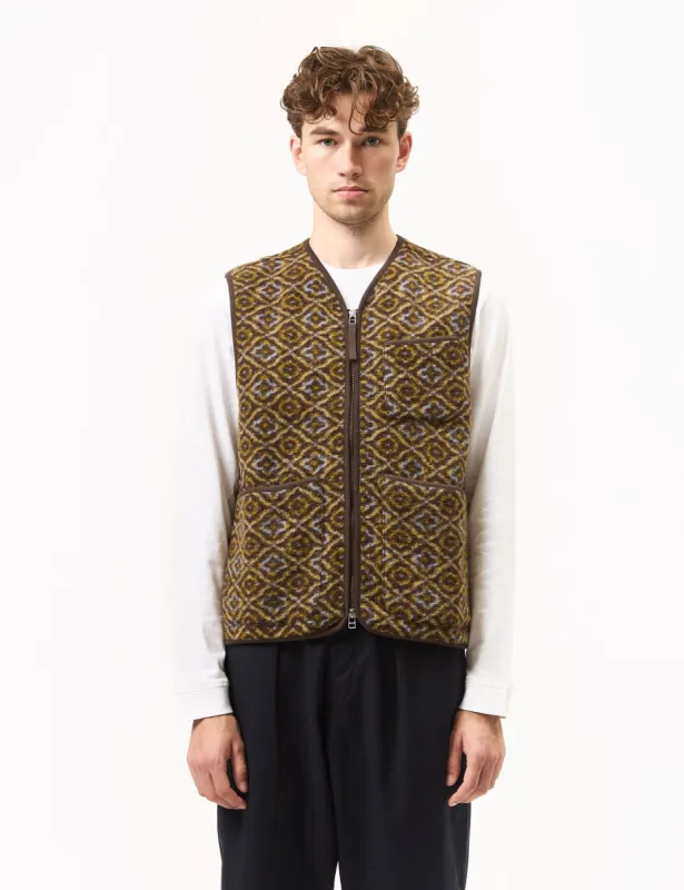 Universal Works Zip Gilet (Geometric Fleece) - Brown sold by Article London