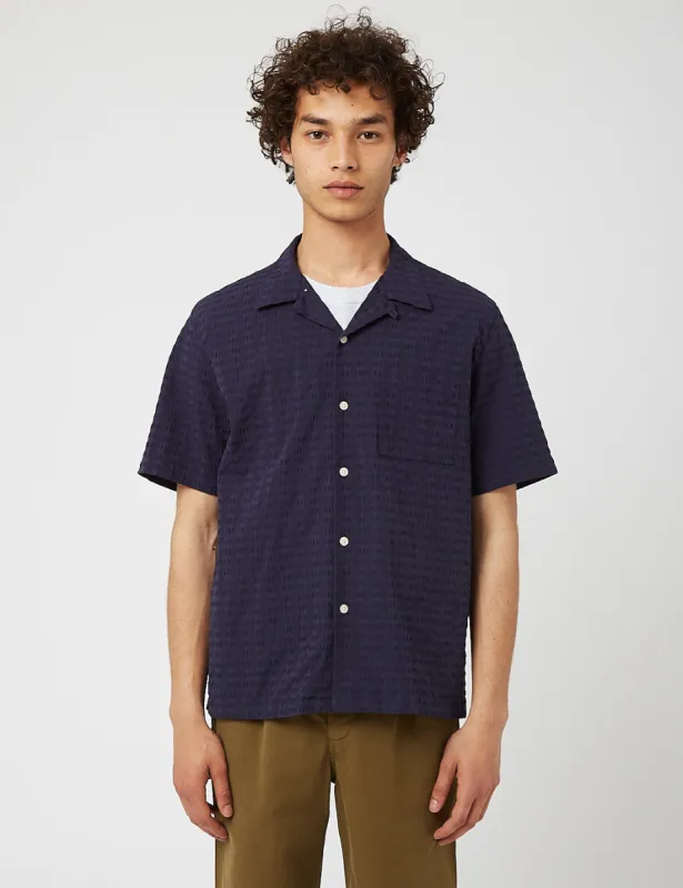 Bhode Cuca Cuban Collar Shirt (Seersucker) - Navy Blue sold by Article London