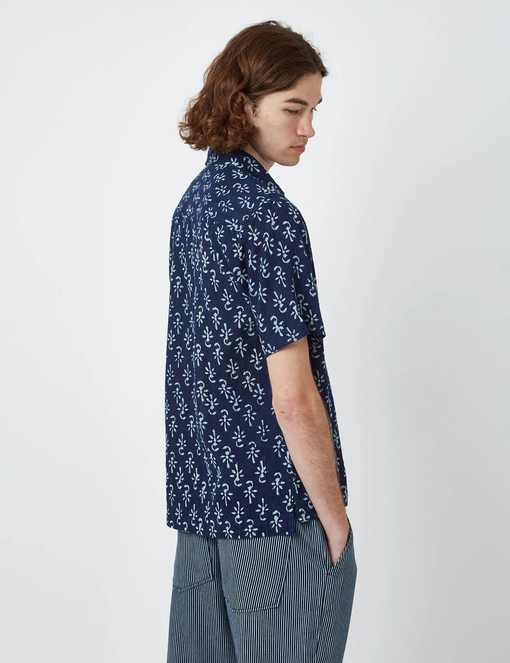 Universal Works Pullover Short Sleeve Shirt (Flower Print) - Indigo Blue sold by Article London product image thumbnail 3