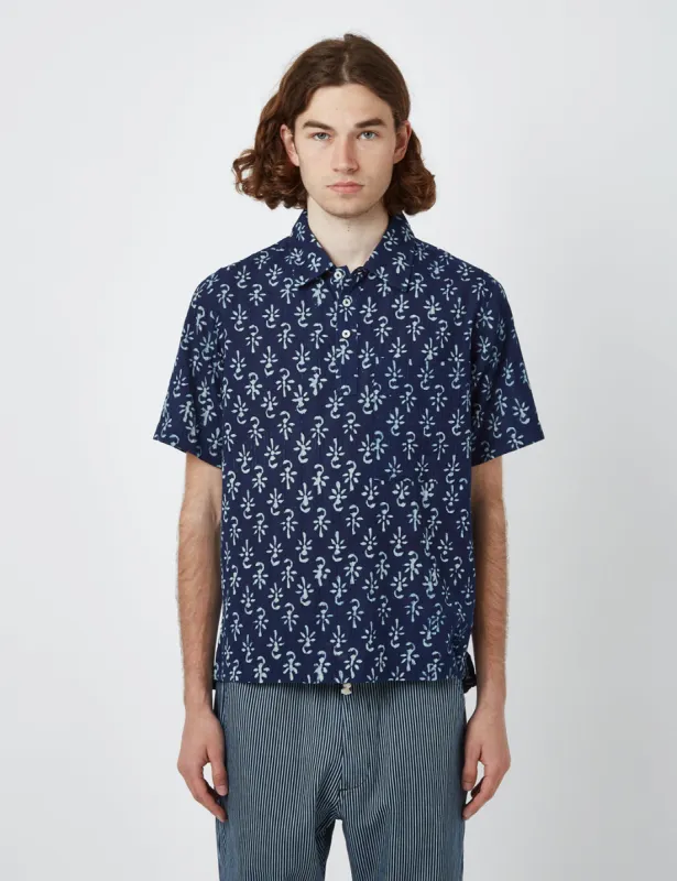Universal Works Pullover Short Sleeve Shirt (Flower Print) - Indigo Blue sold by Article London