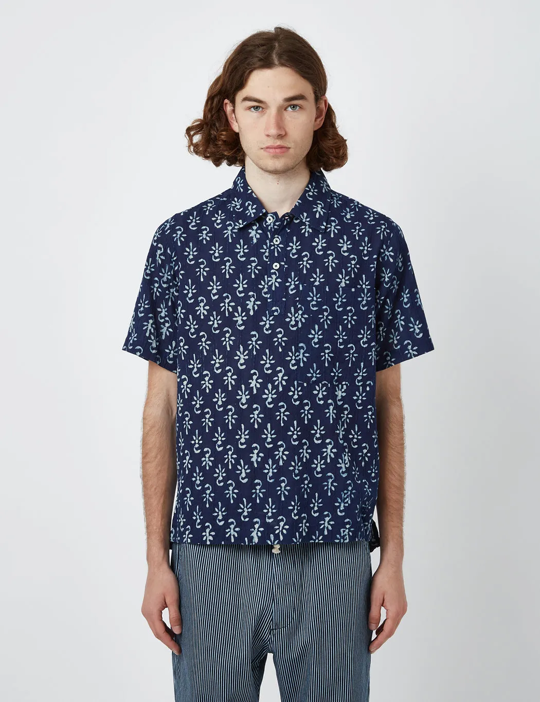 Universal Works Pullover Short Sleeve Shirt (Flower Print) - Indigo Blue sold by Article London