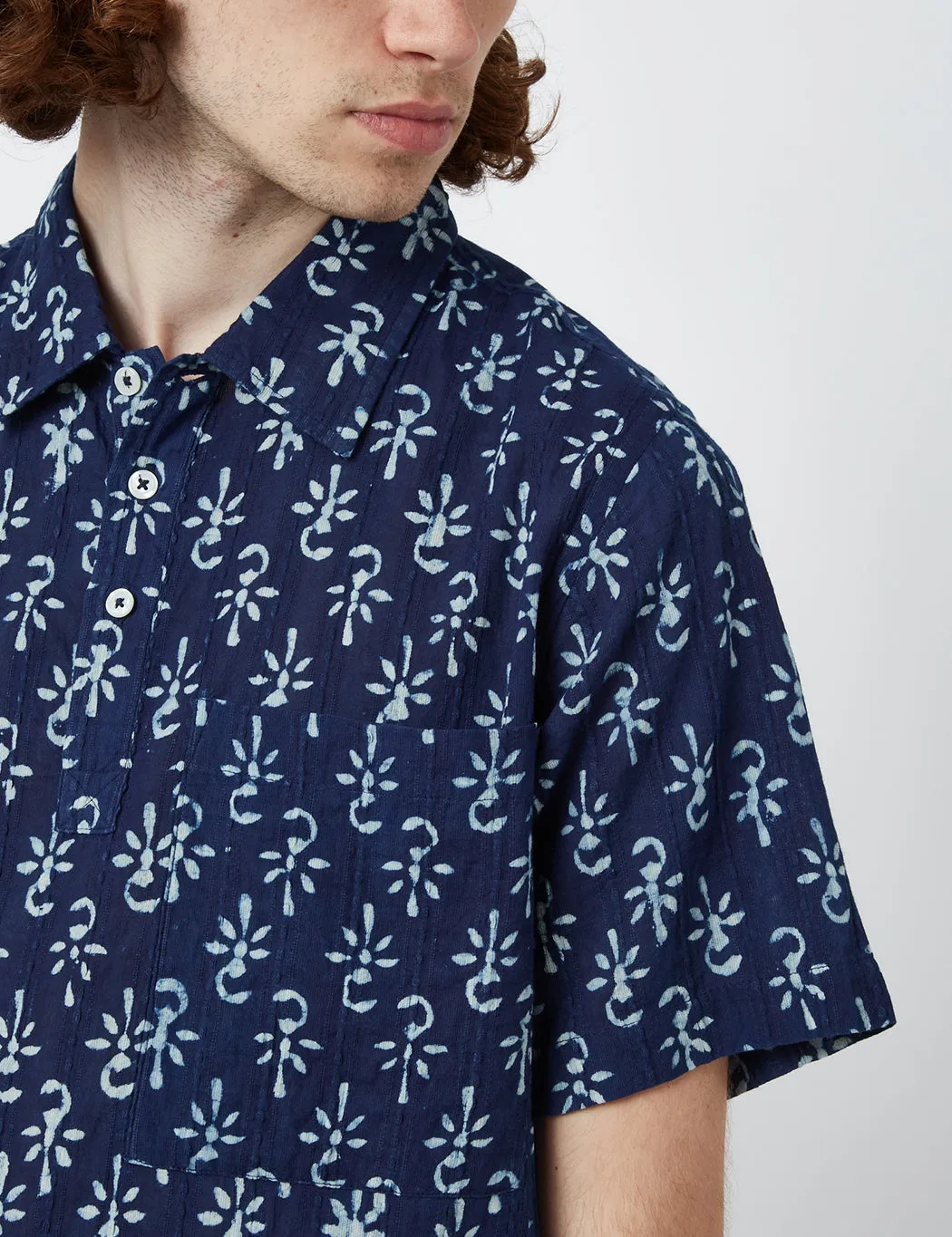 Universal Works Pullover Short Sleeve Shirt (Flower Print) - Indigo Blue sold by Article London product image thumbnail 2