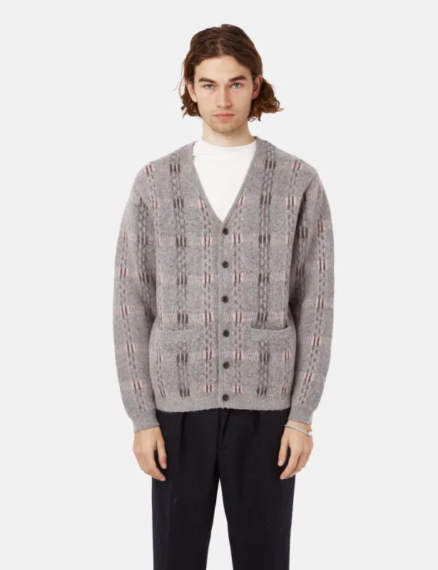 Beams Plus Mohair 9G Cardigan (Jacquard Check) - Grey sold by Article London