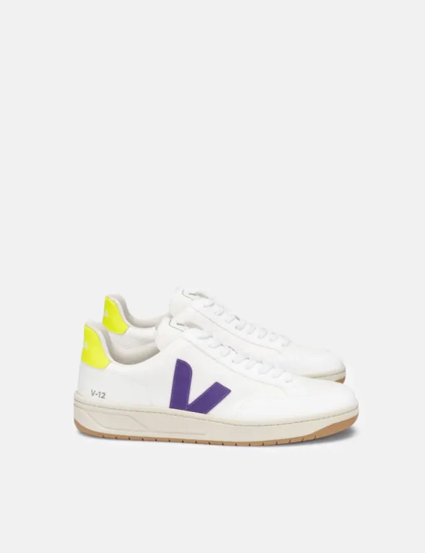 Womens Veja V-12 B-Mesh Trainers - White/Purple/Jaune Fluo sold by Article London