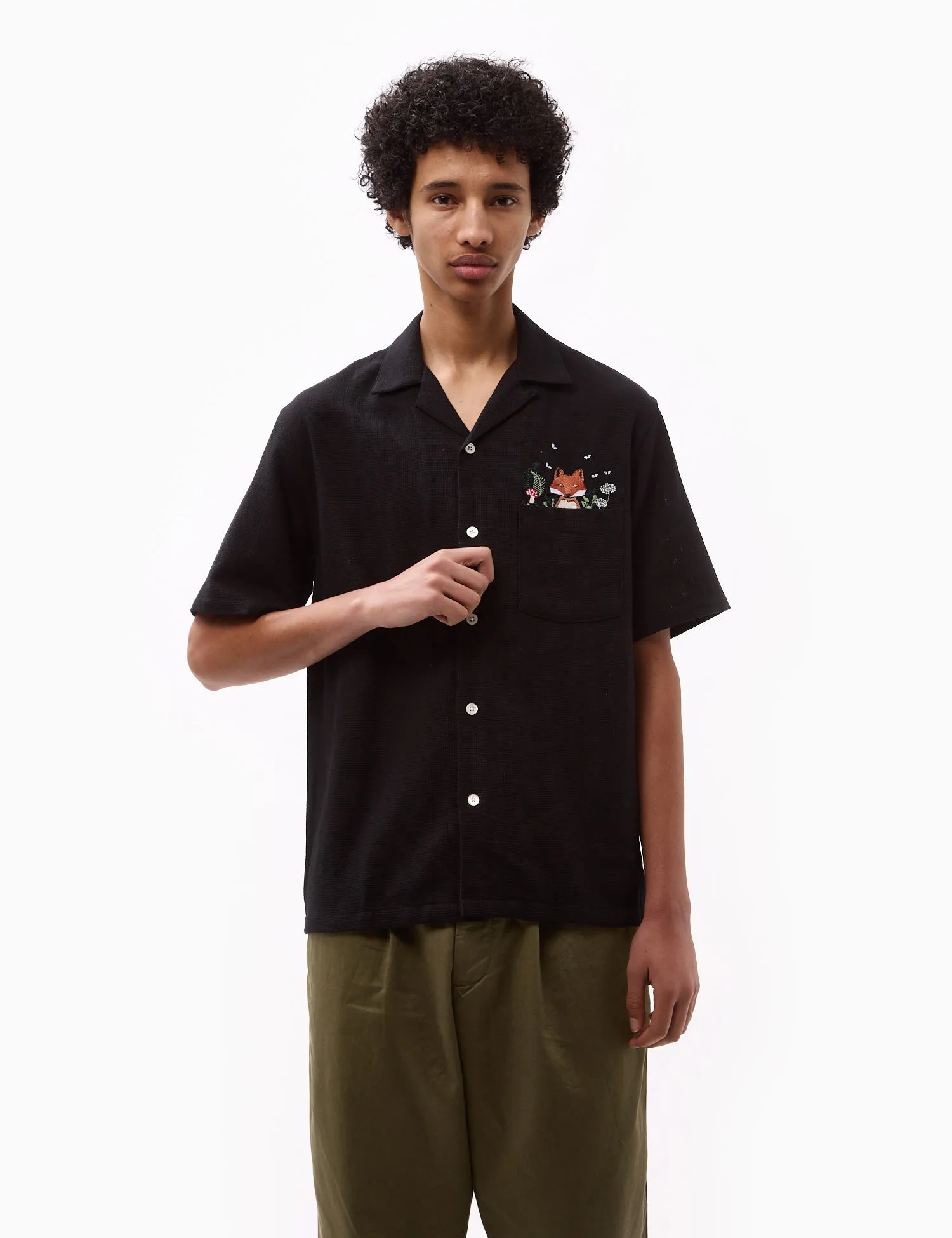 Portuguese Flannel Pique Embroidery Fox Shirt - Black sold by Article London product image thumbnail 4