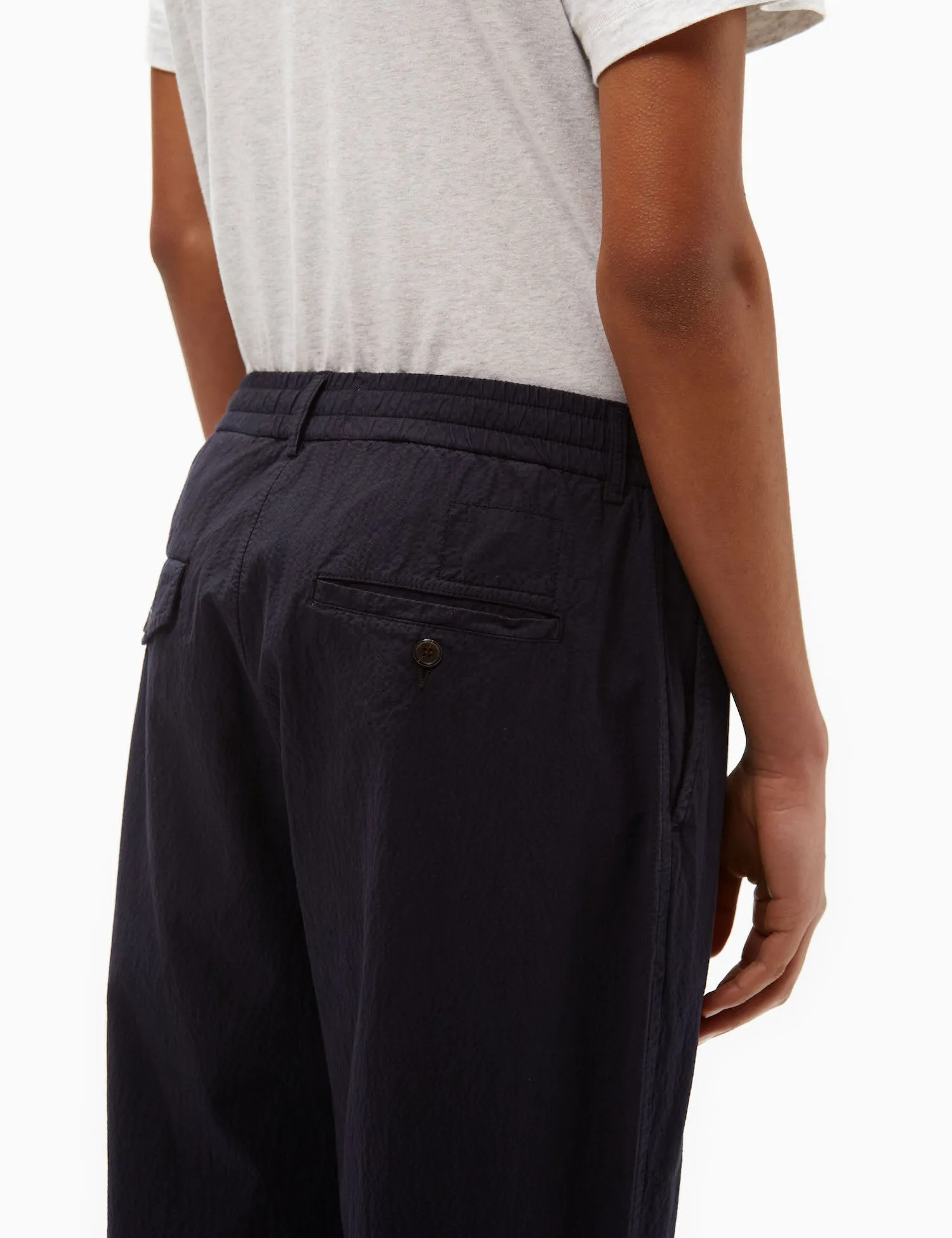 Universal Works Pleated Track Pant (Seersucker) - Navy Blue sold by Article London product image thumbnail 2