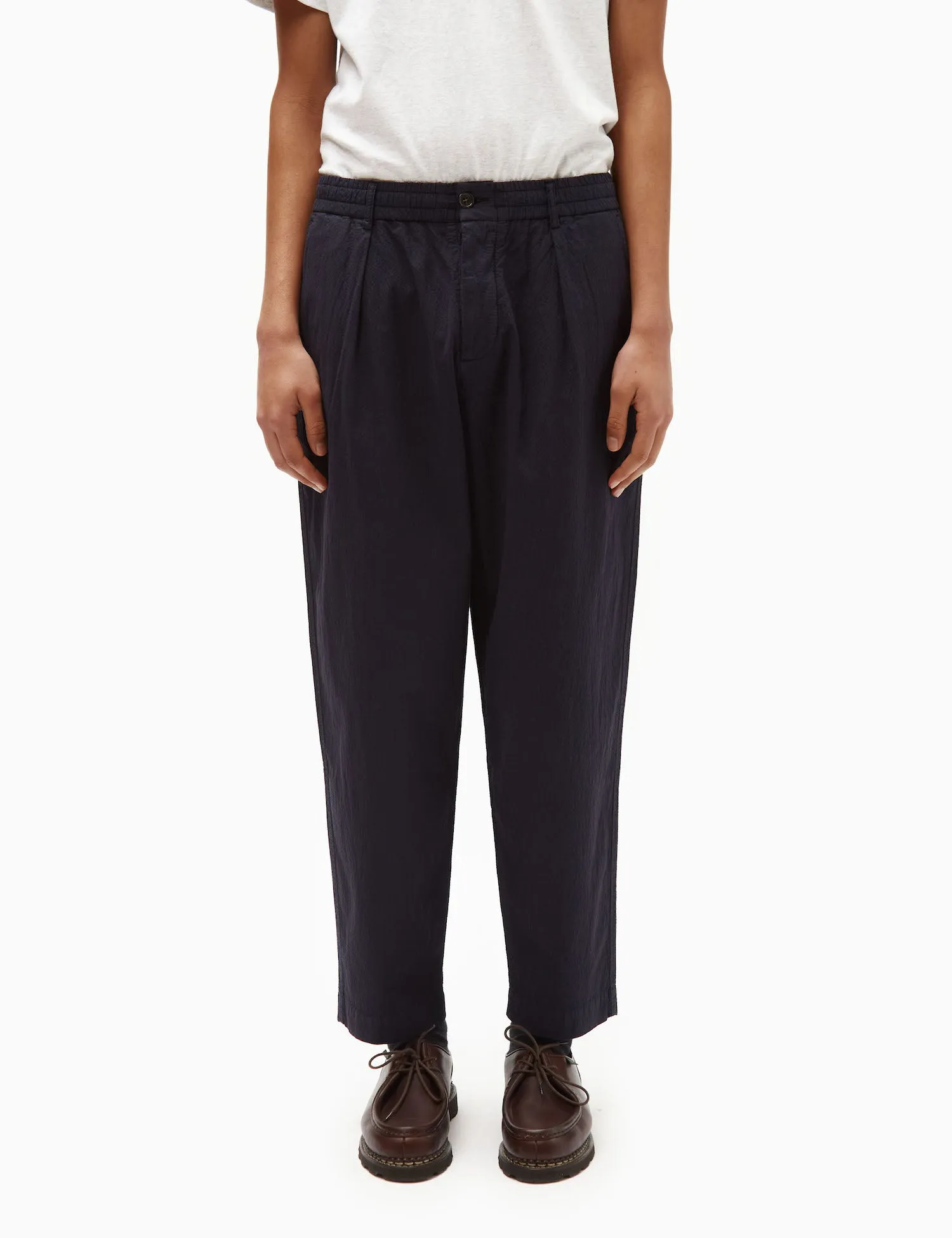 Universal Works Pleated Track Pant (Seersucker) - Navy Blue sold by Article London