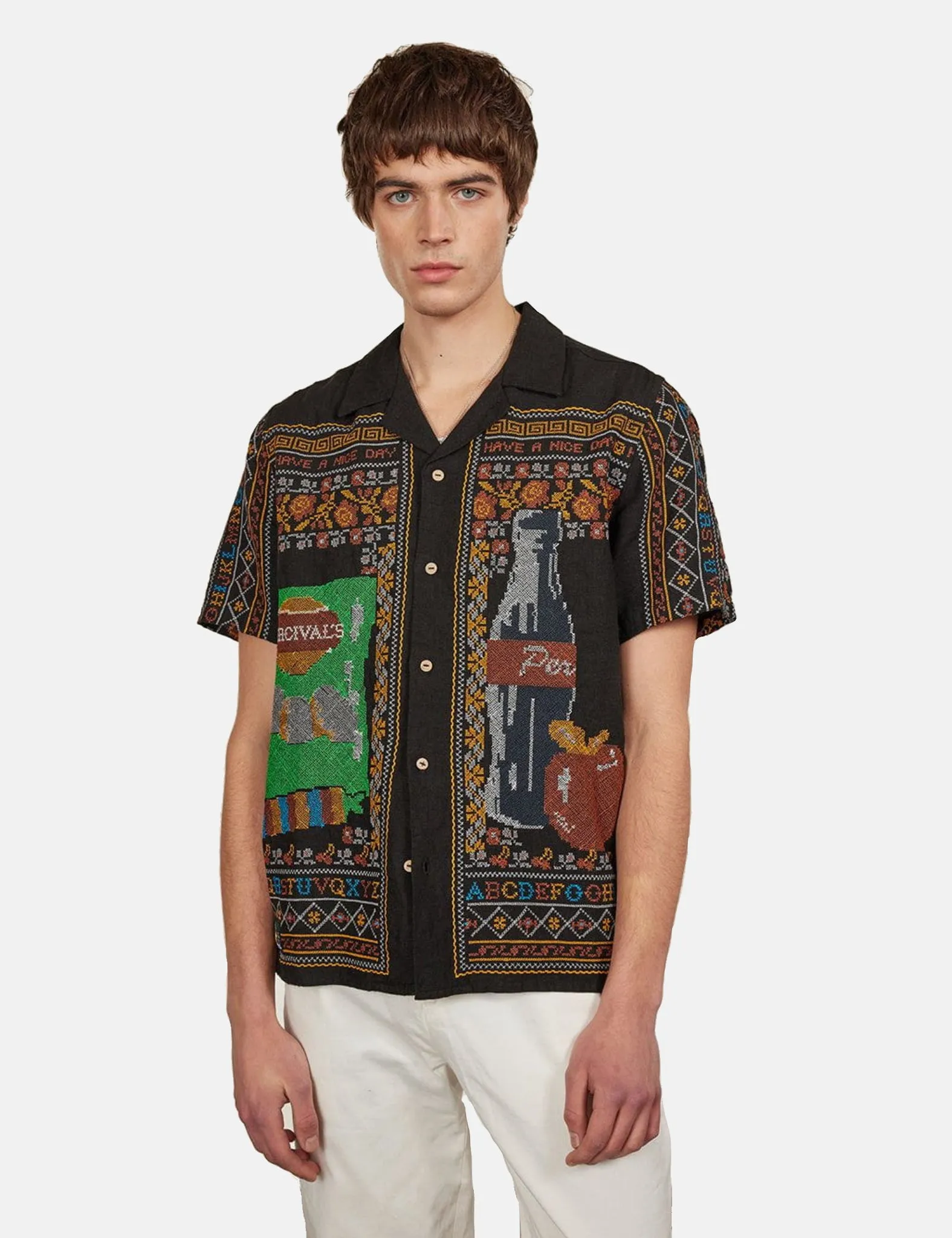 Percival Meal Deal Cross Stitch Linen Shirt - Black sold by Article London