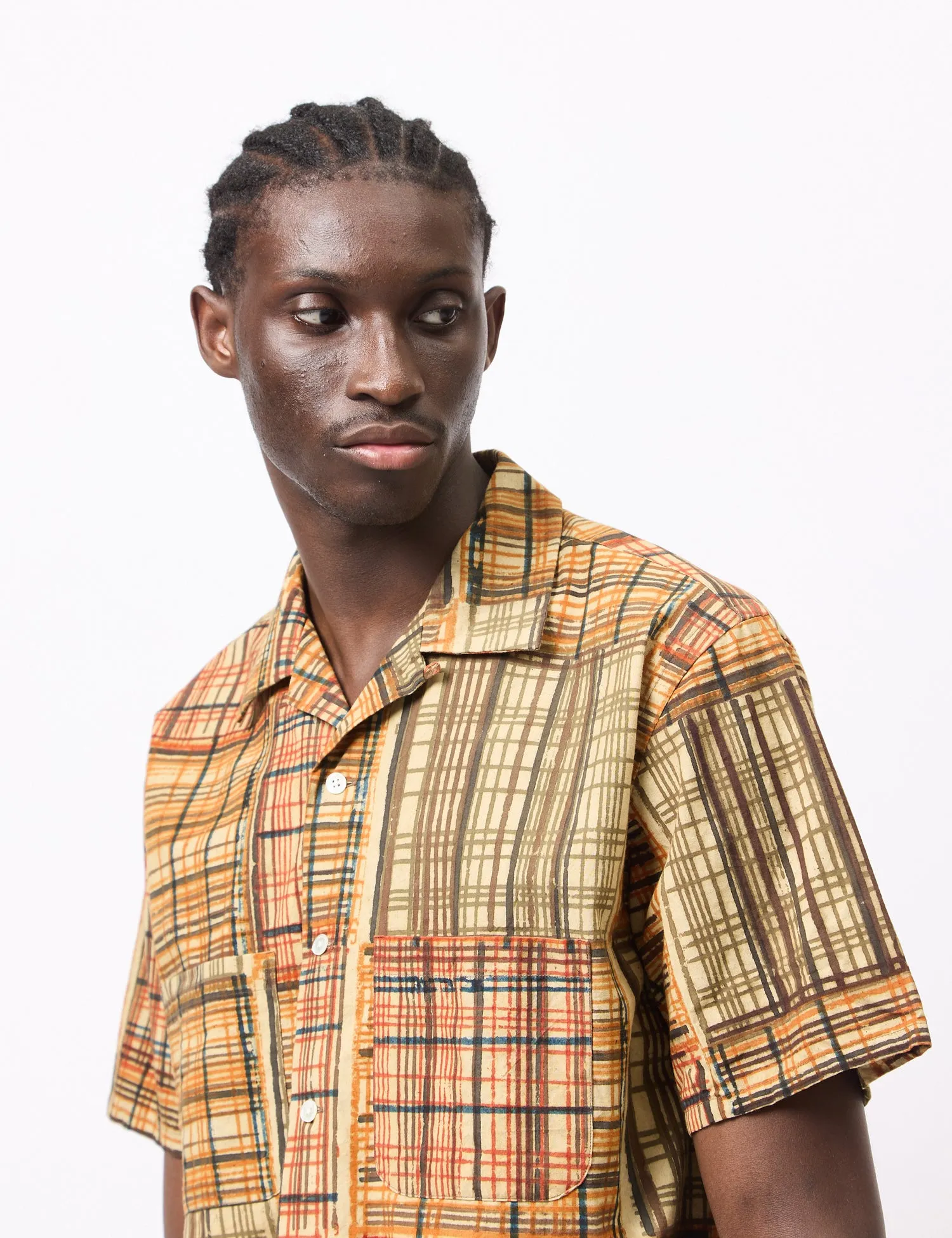 Beams Plus Open Collar Block Print Shirt - Khaki sold by Article London product image thumbnail 2