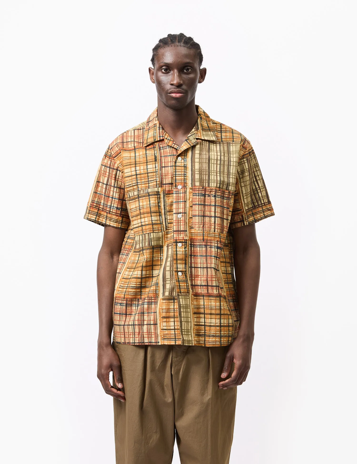 Beams Plus Open Collar Block Print Shirt - Khaki sold by Article London
