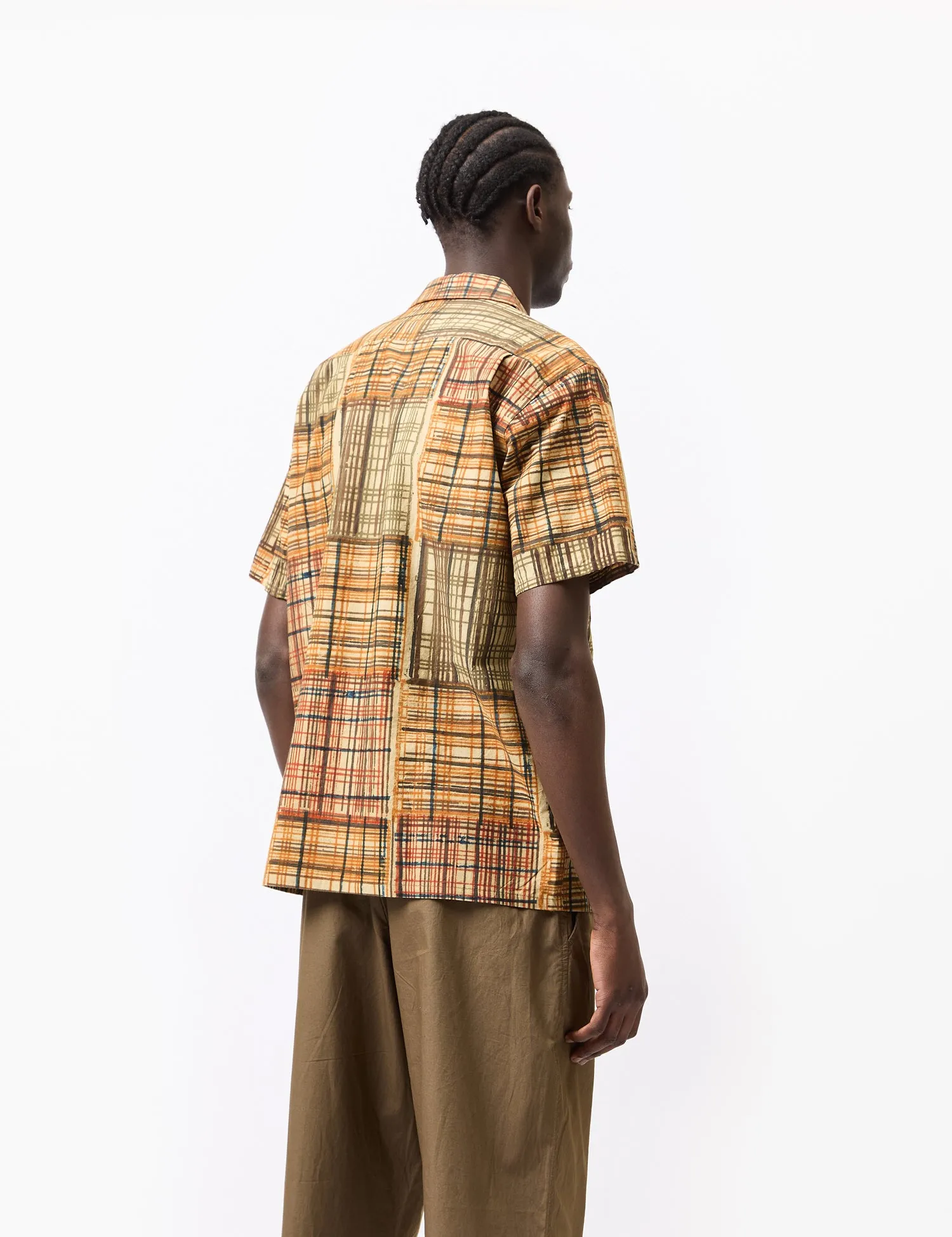 Beams Plus Open Collar Block Print Shirt - Khaki sold by Article London product image thumbnail 4