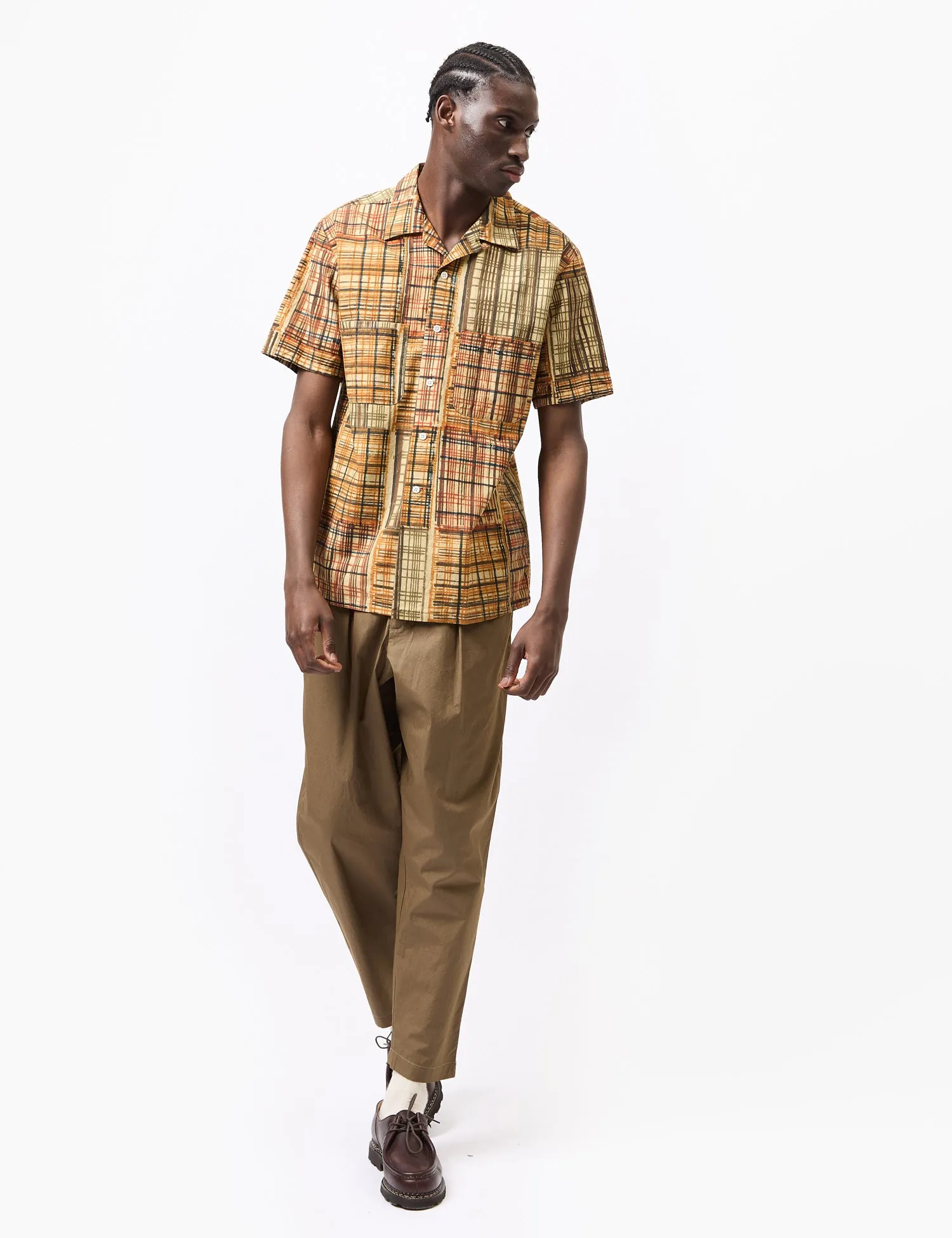 Beams Plus Open Collar Block Print Shirt - Khaki sold by Article London product image thumbnail 3