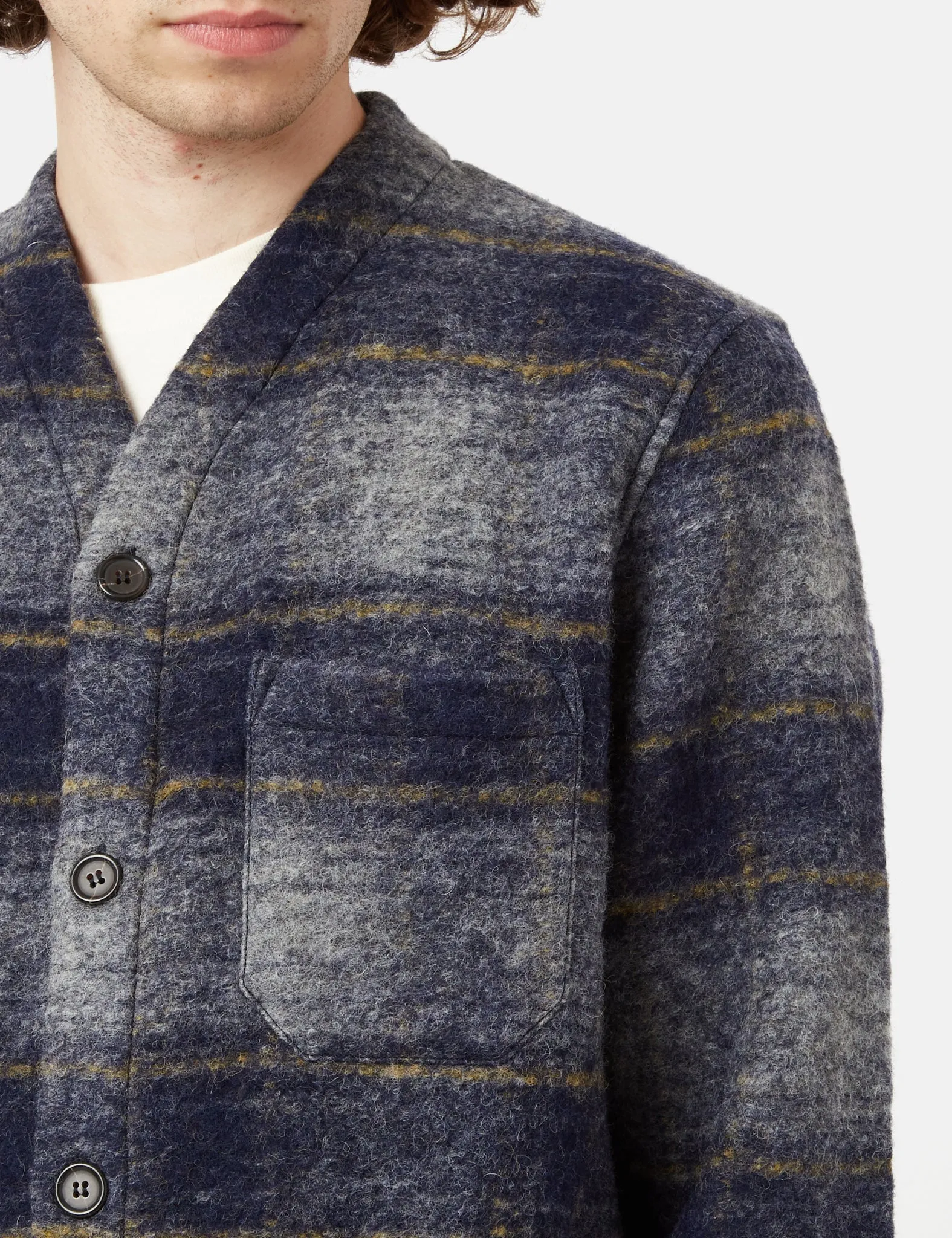 Universal Works Checked Cardigan (Wool Fleece) - Navy Blue sold by Article London product image thumbnail 2