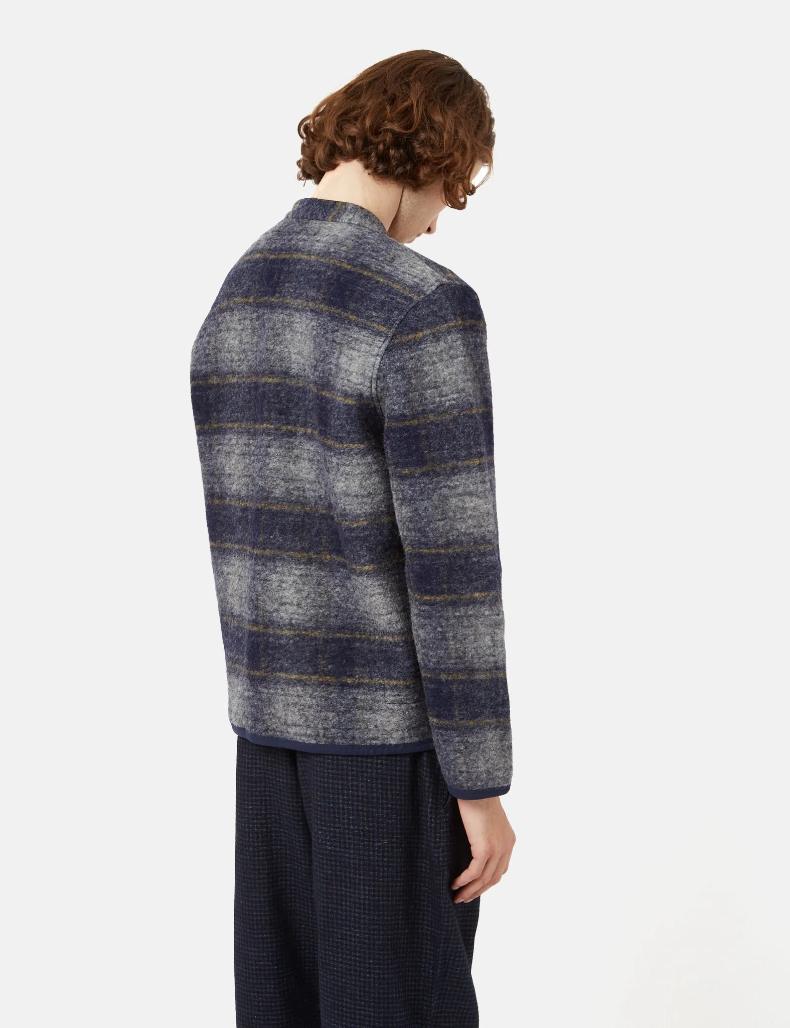 Universal Works Checked Cardigan (Wool Fleece) - Navy Blue sold by Article London product image thumbnail 4