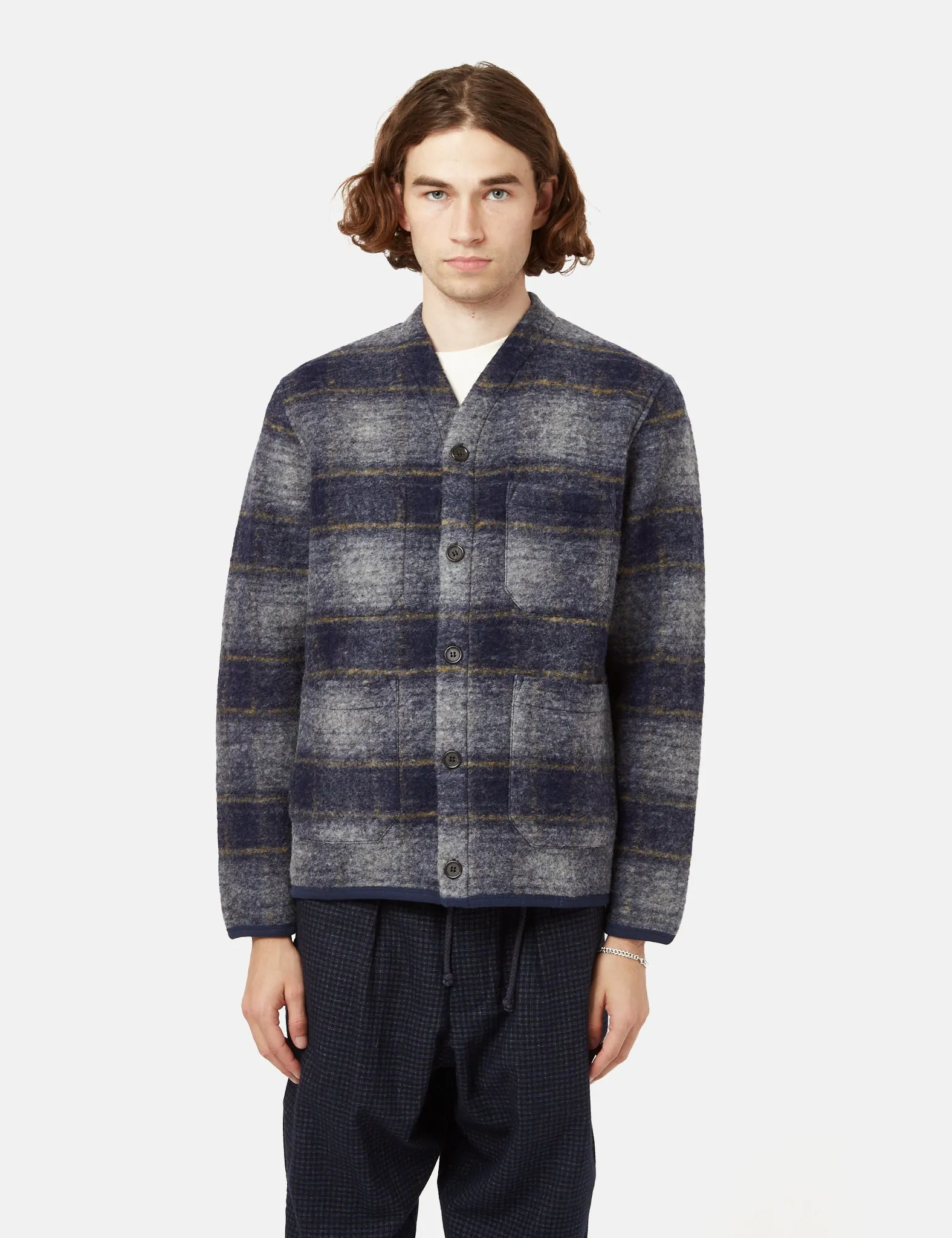 Universal Works Checked Cardigan (Wool Fleece) - Navy Blue sold by Article London product image thumbnail 3