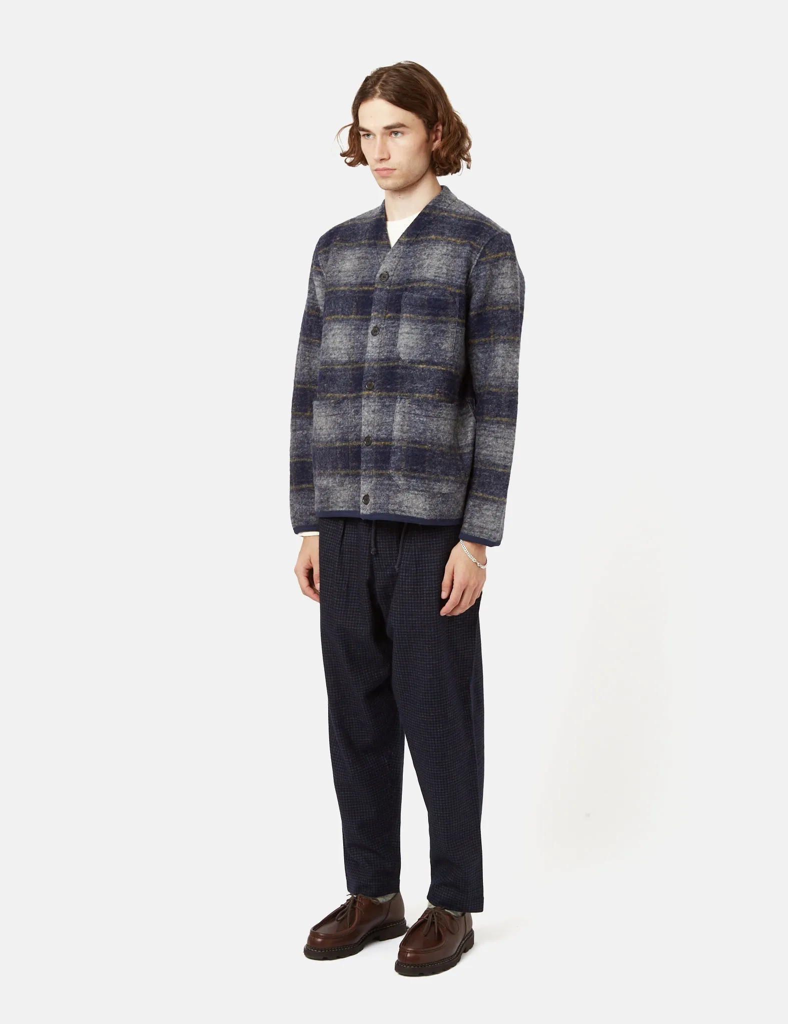 Universal Works Checked Cardigan (Wool Fleece) - Navy Blue sold by Article London product image thumbnail 5