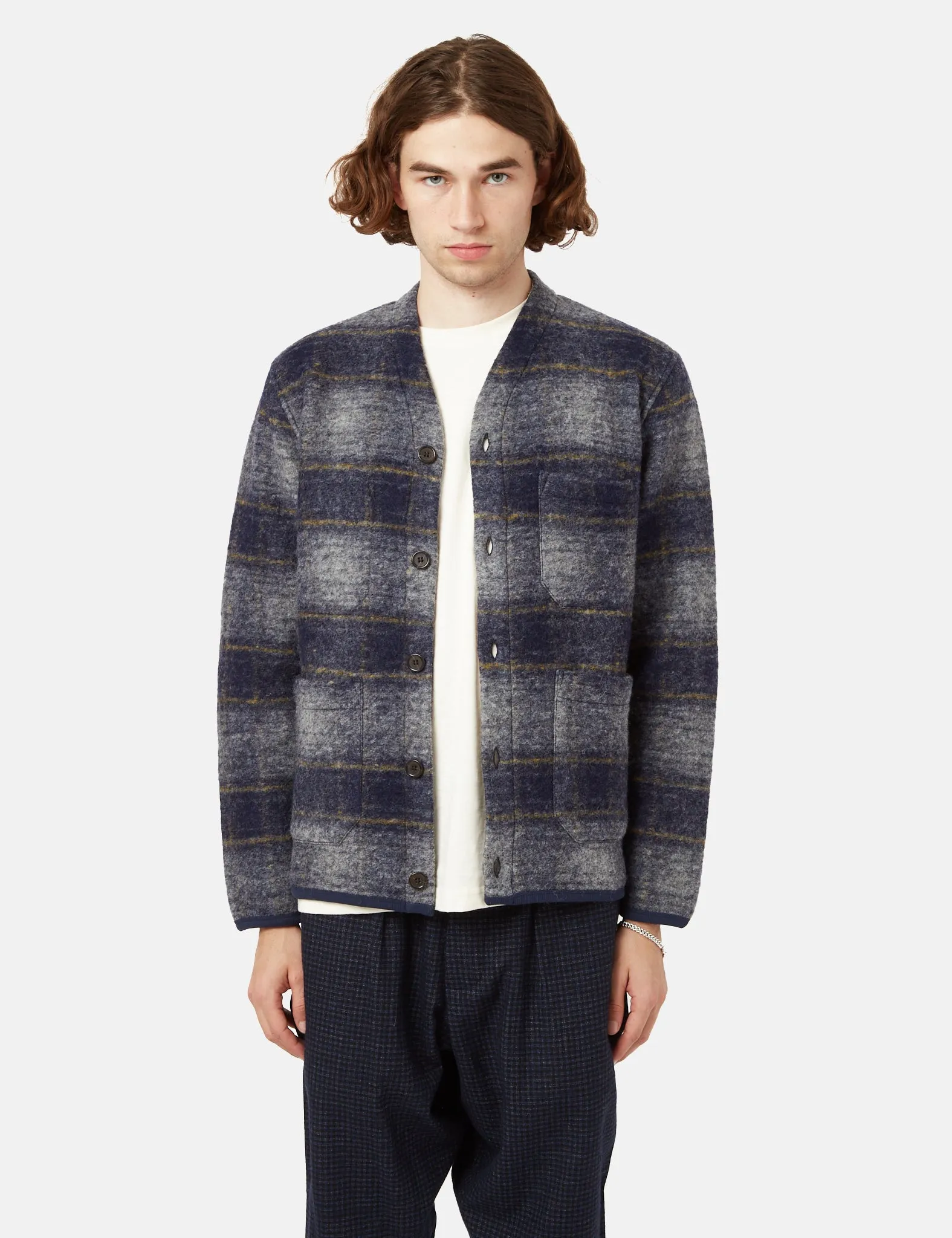 Universal Works Checked Cardigan (Wool Fleece) - Navy Blue sold by Article London