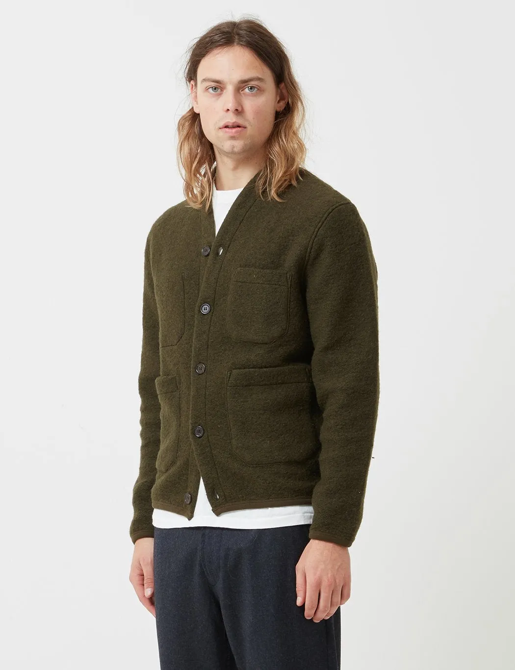 Universal Works Cardigan (Wool Fleece) - Olive Green sold by Article London product image thumbnail 4