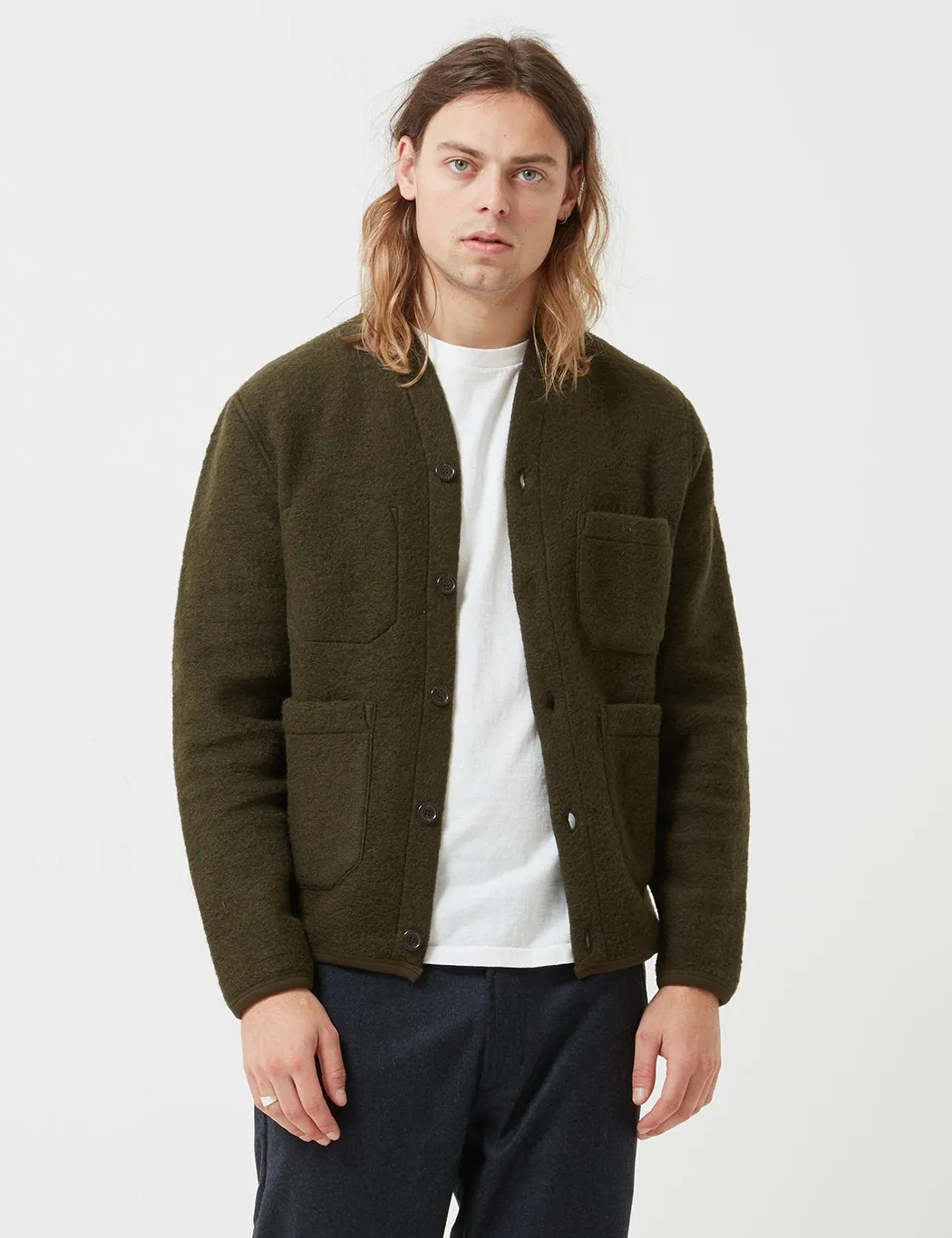 Universal Works Cardigan (Wool Fleece) - Olive Green sold by Article London