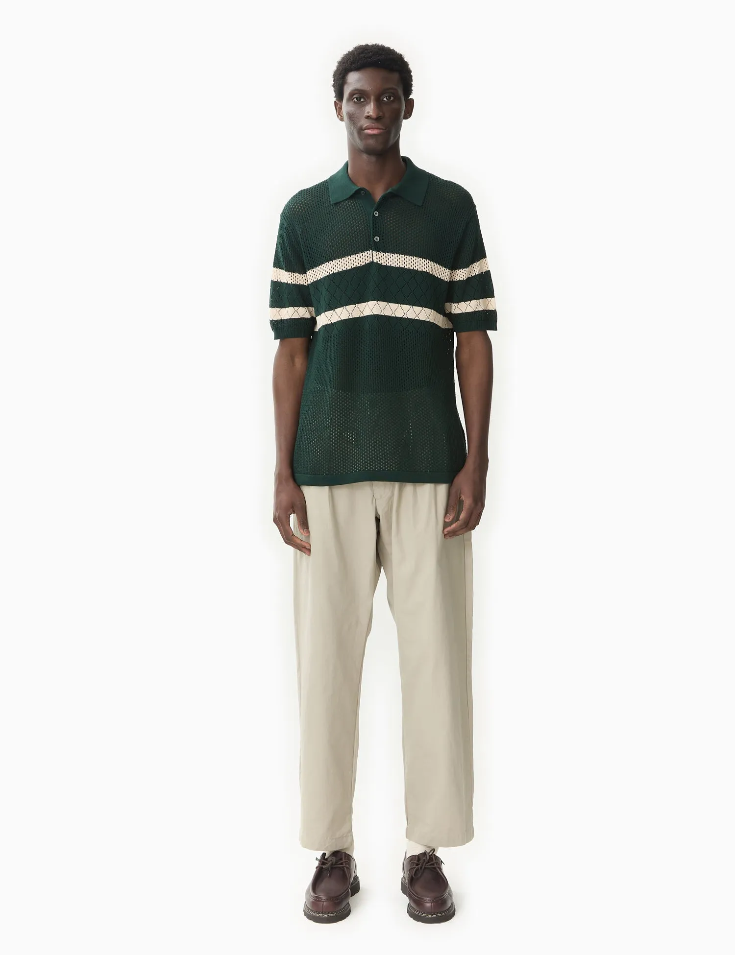 Beams Plus Stripe Mesh Knit Polo Shirt - Green sold by Article London product image thumbnail 3