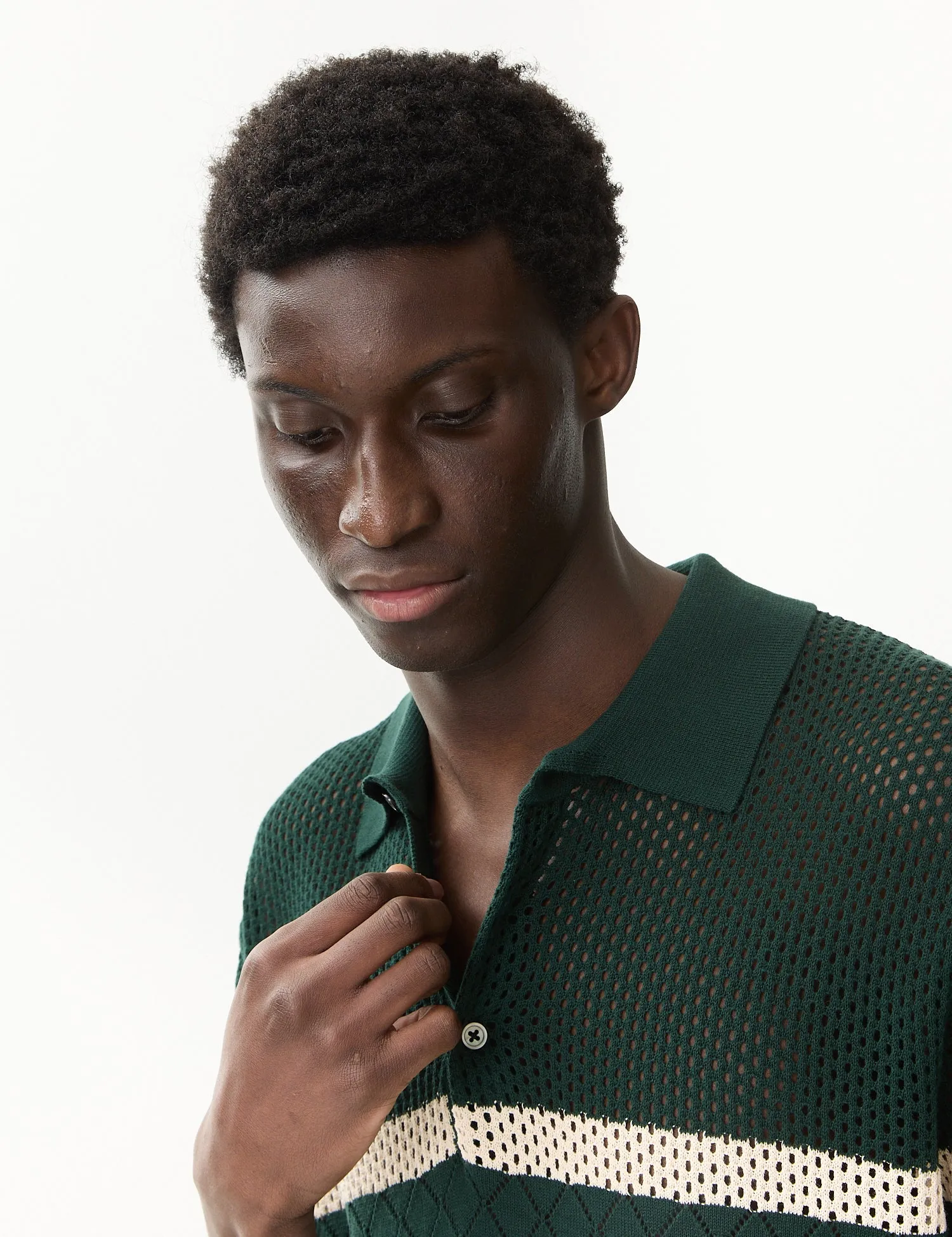 Beams Plus Stripe Mesh Knit Polo Shirt - Green sold by Article London product image thumbnail 2