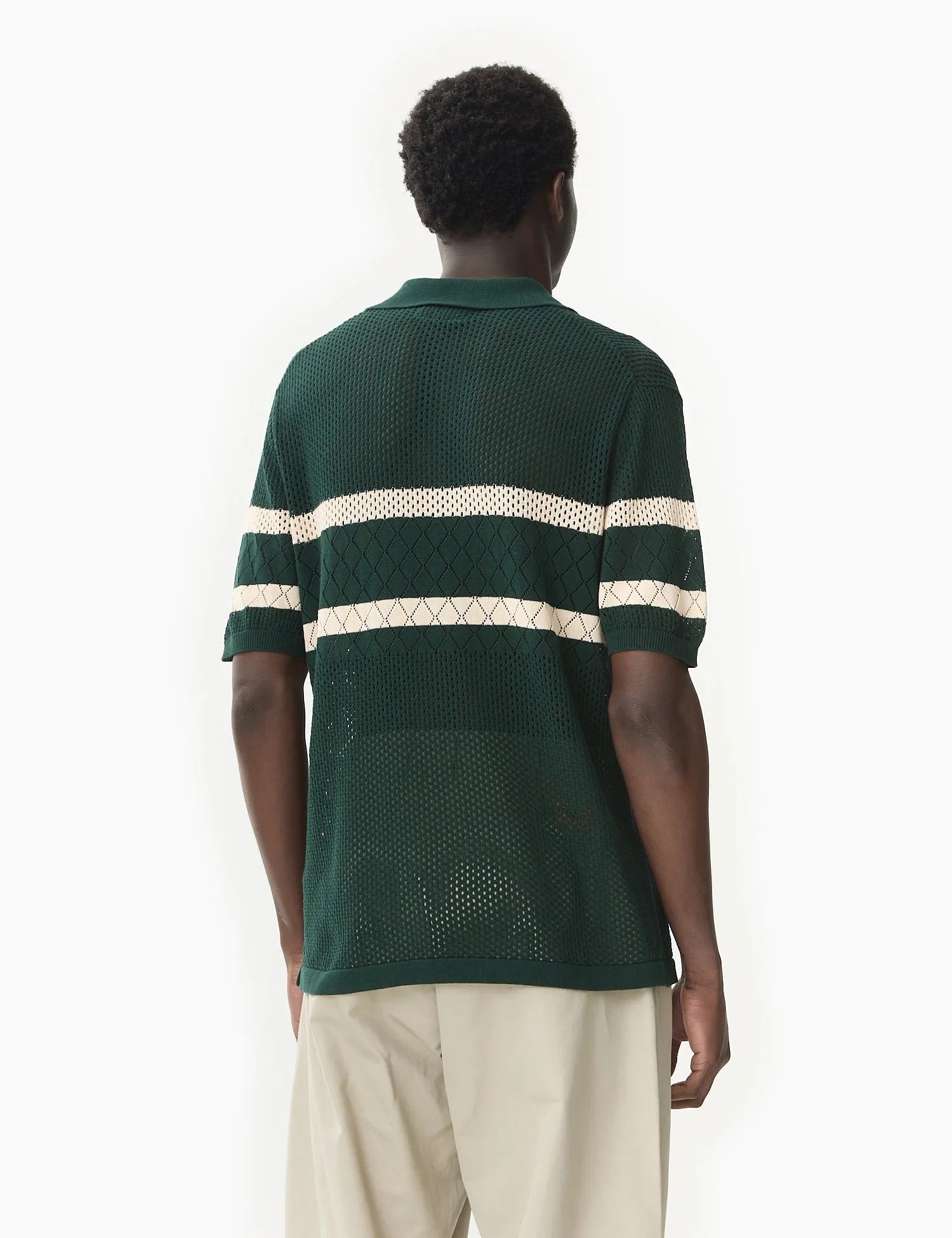 Beams Plus Stripe Mesh Knit Polo Shirt - Green sold by Article London product image thumbnail 4