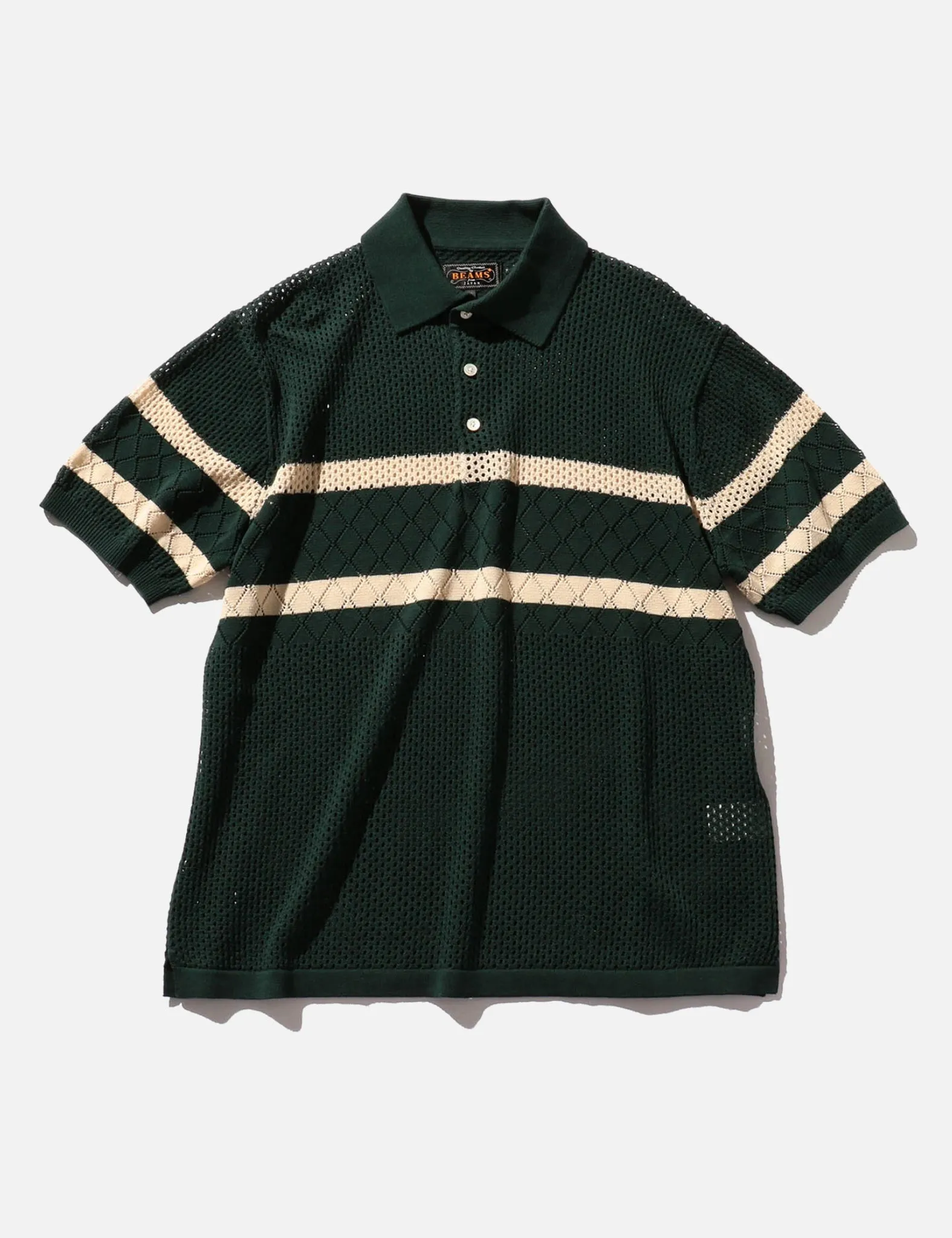 Beams Plus Stripe Mesh Knit Polo Shirt - Green sold by Article London product image thumbnail 5