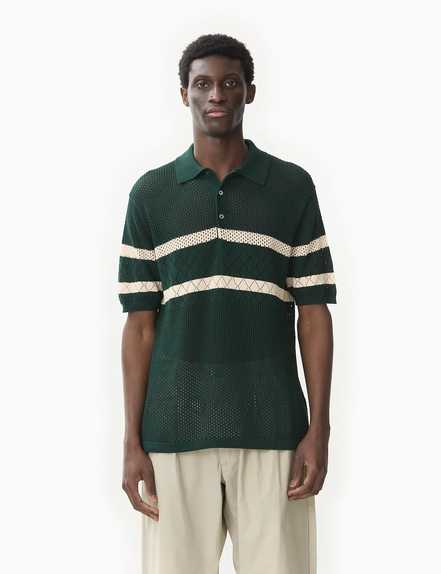 Beams Plus Stripe Mesh Knit Polo Shirt - Green sold by Article London