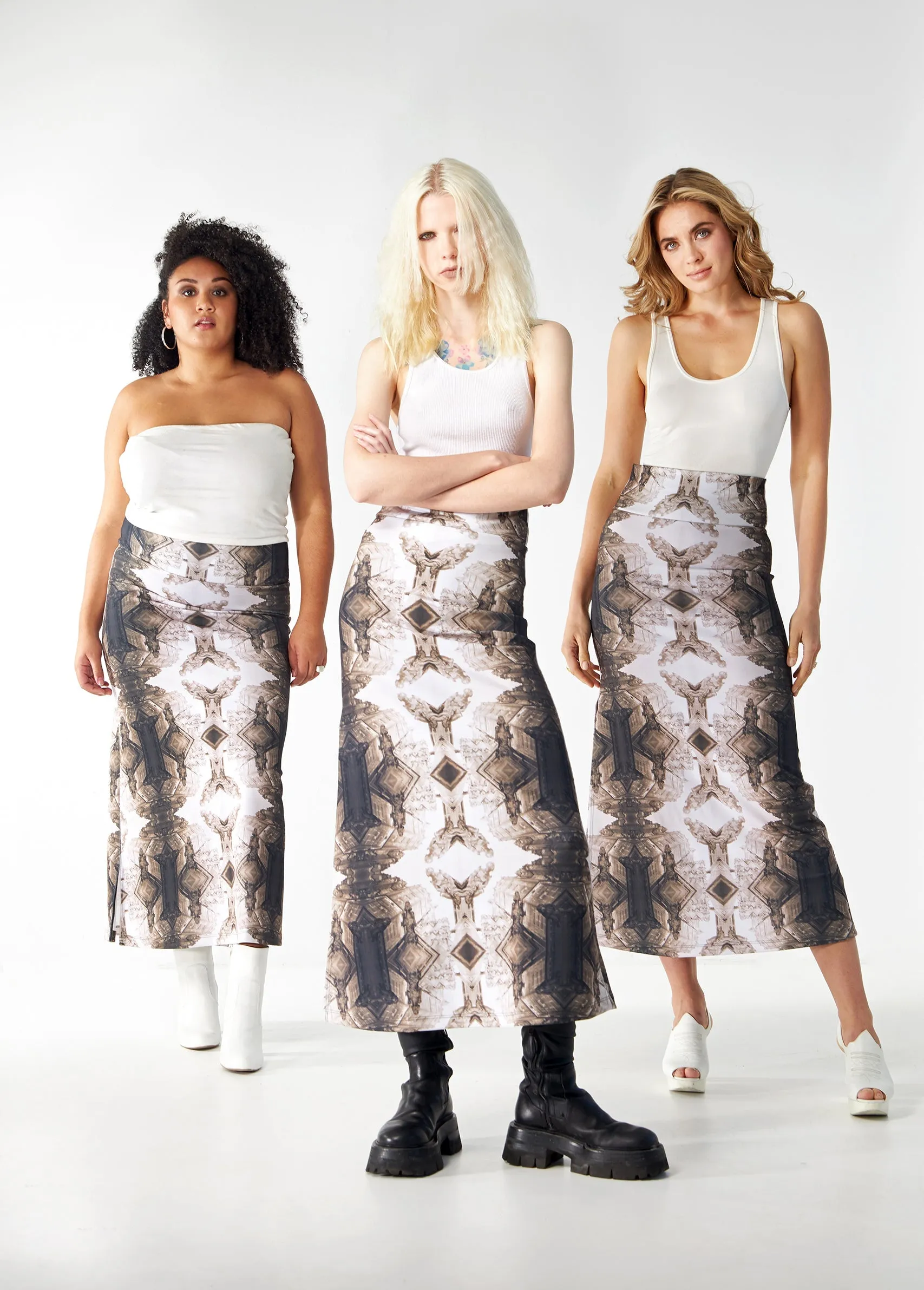Babs Body-hugging Midi Skirt - Sepia Gargoyles Print Design sold by Babs Boutique