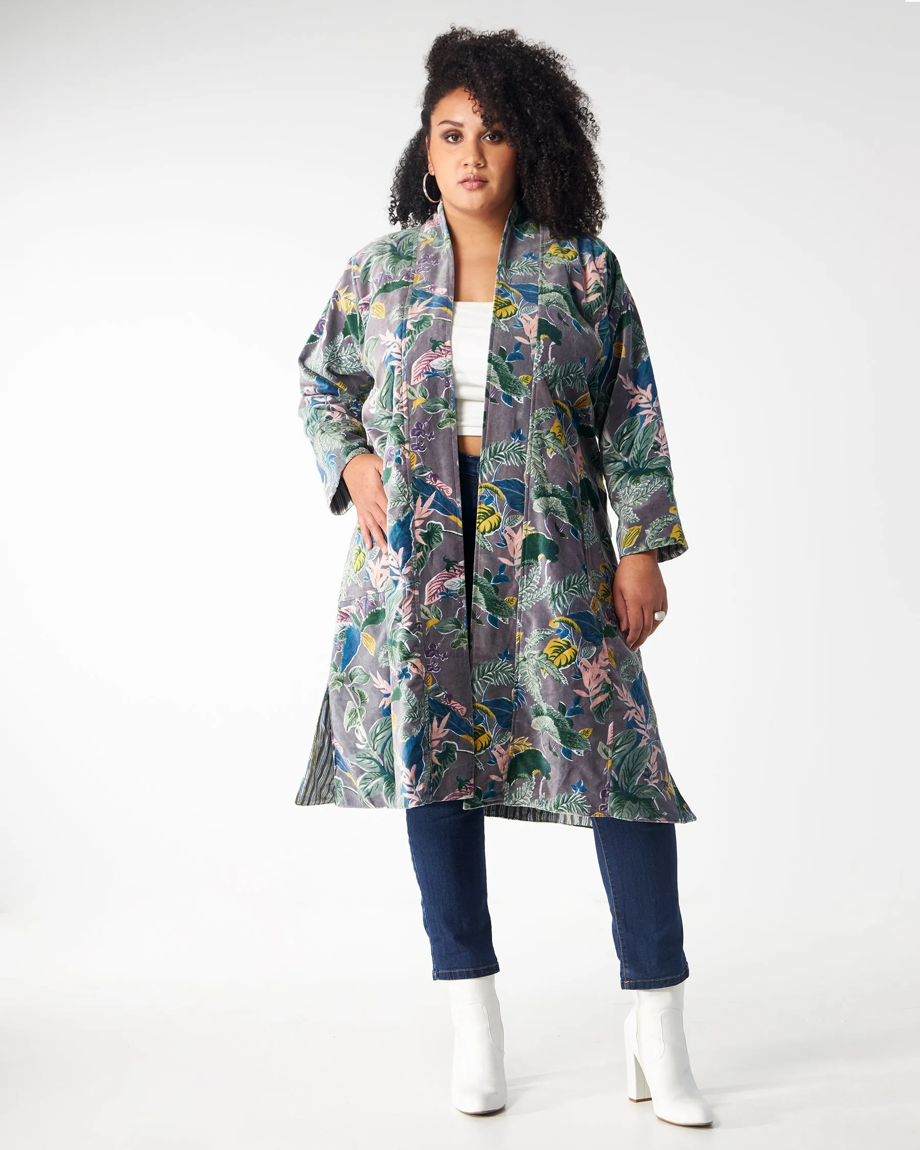 Babs Lush Velvet Robe - Grey Garden Block Print sold by Babs Boutique