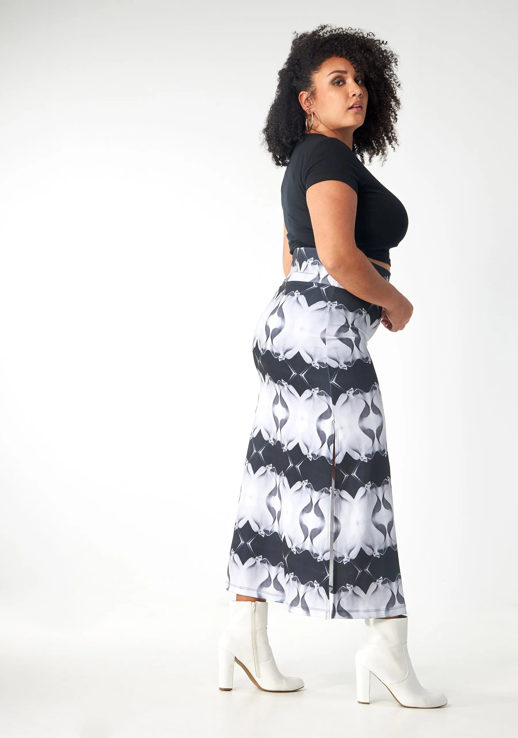 Babs Body-Hugging Midi Skirt - Black/White Stone Man Print Design sold by Babs Boutique product image thumbnail 2