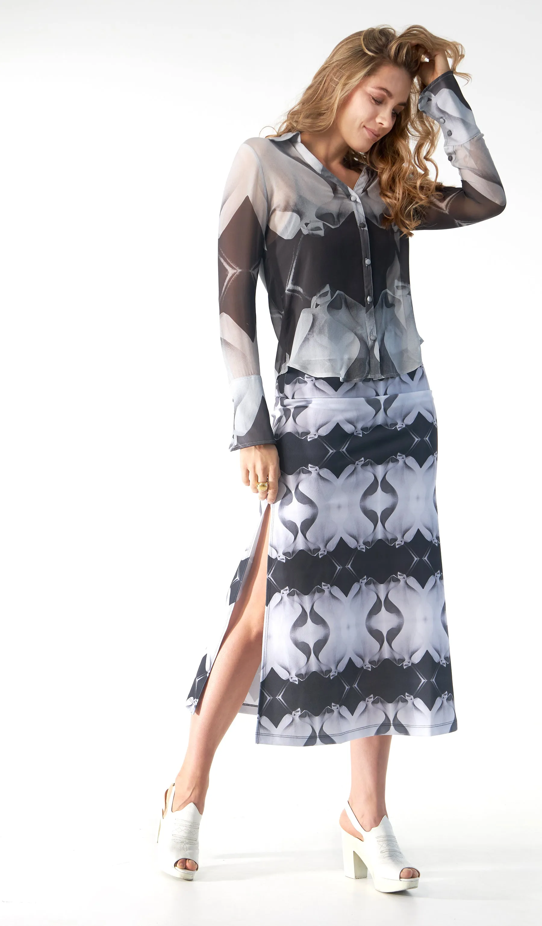 Babs Body-Hugging Midi Skirt - Black/White Stone Man Print Design sold by Babs Boutique product image thumbnail 4