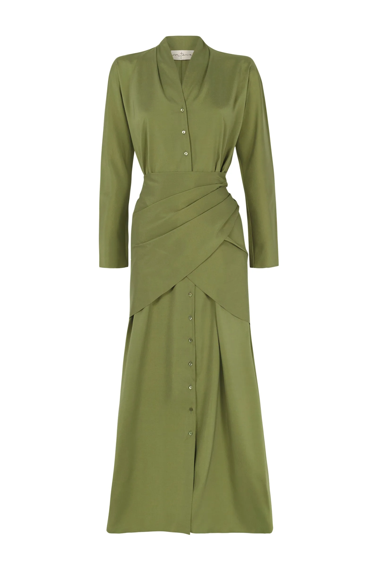 Federica, vestido en seda y lana virgen verde sold by Cortana