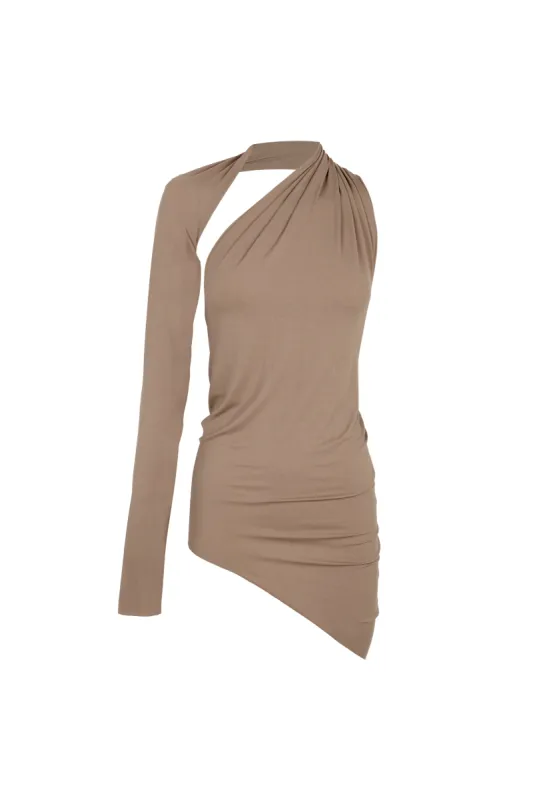 Babar, top asimetrico en cupro stretch cocoa sold by Cortana