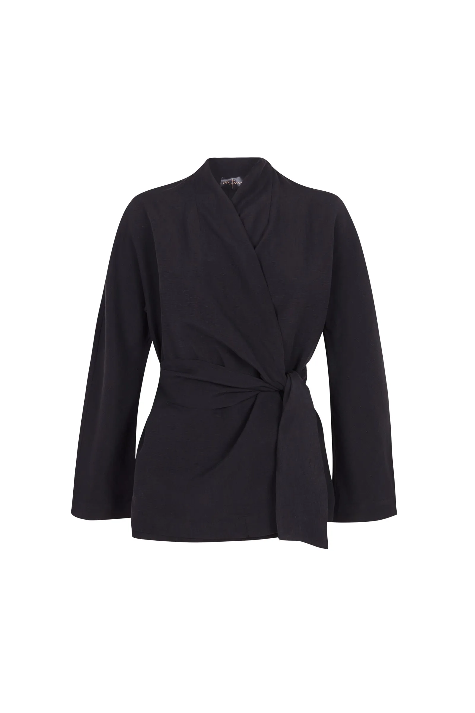 Simona, chaqueta envolvente en lino y seda gris humo sold by Cortana