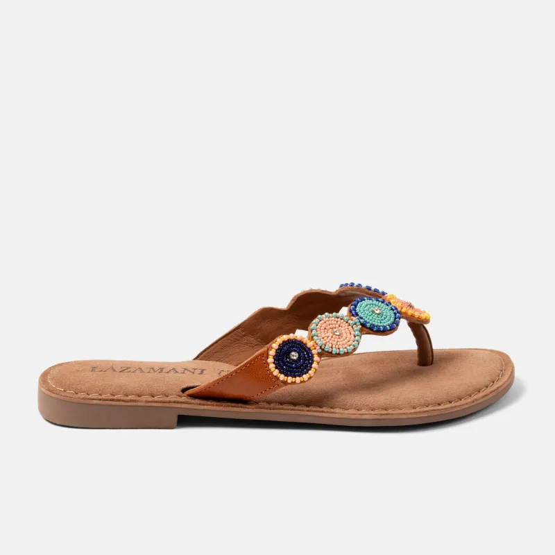 Luna Dames Slippers Leer Tan/Multi sold by Lazmani