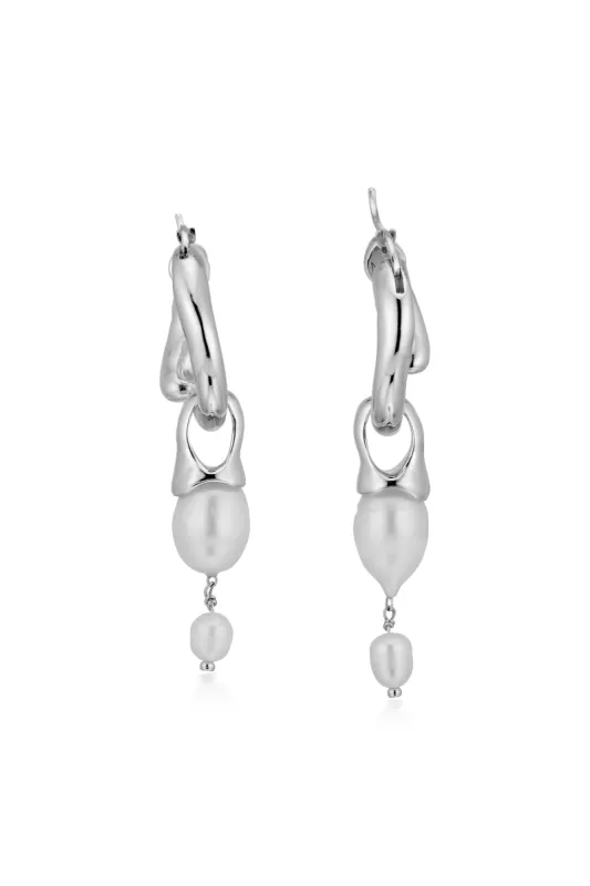 Silver Interlocking Hoops with Pearl Pendants made by Marina Moscone