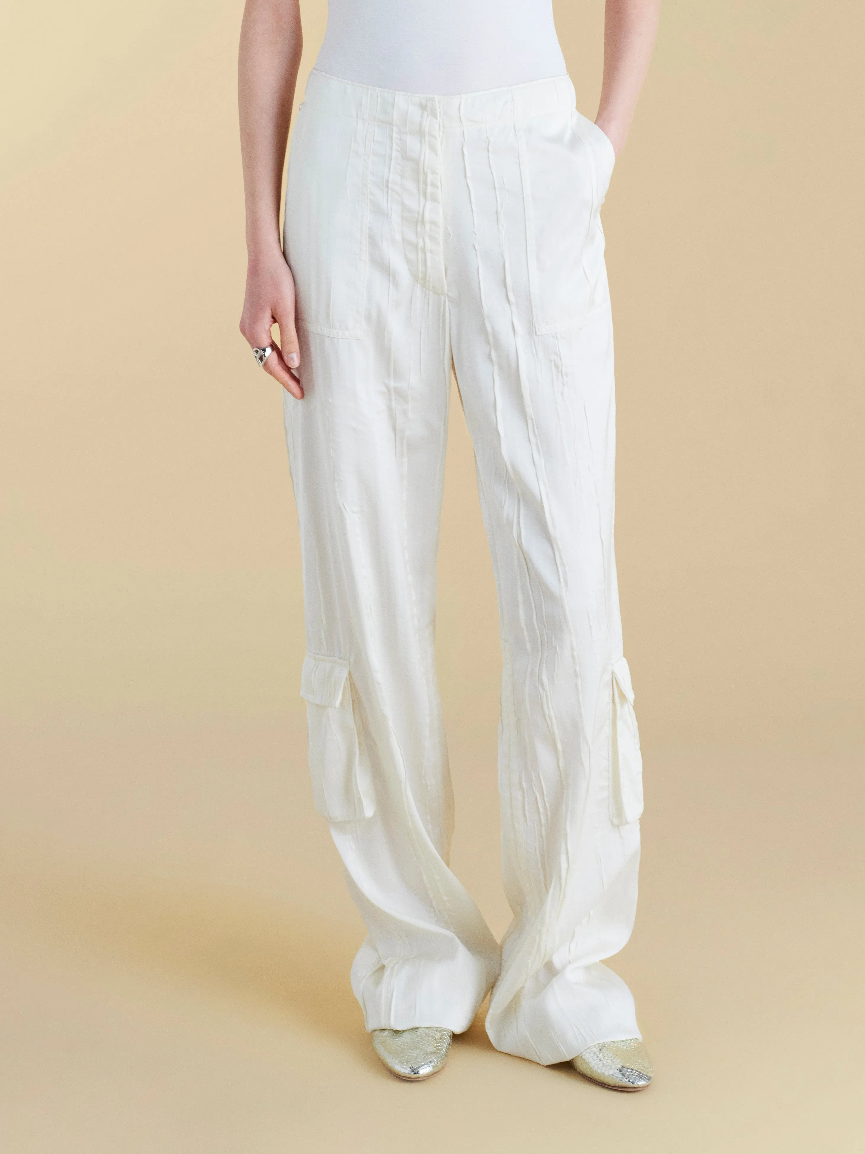 Crinkled Satin Cargo Trouser sold by Marina Moscone
