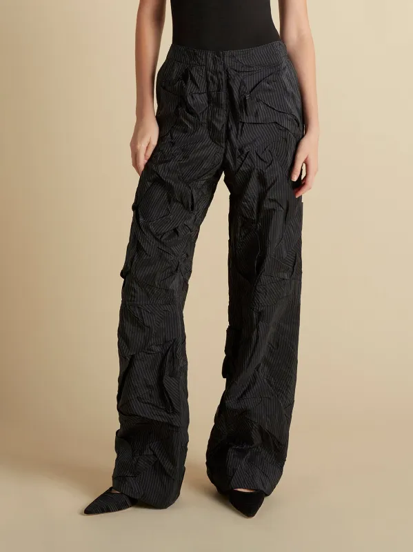 Crushed Pinstripe Parachute Trouser sold by Marina Moscone