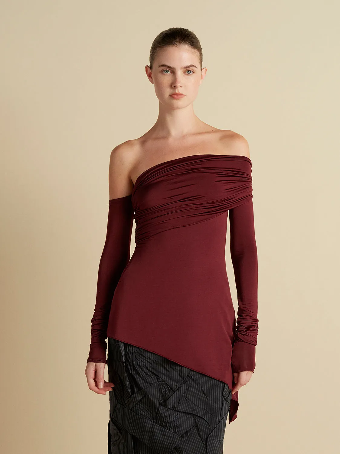 Jersey One-Shoulder Draped Top sold by Marina Moscone