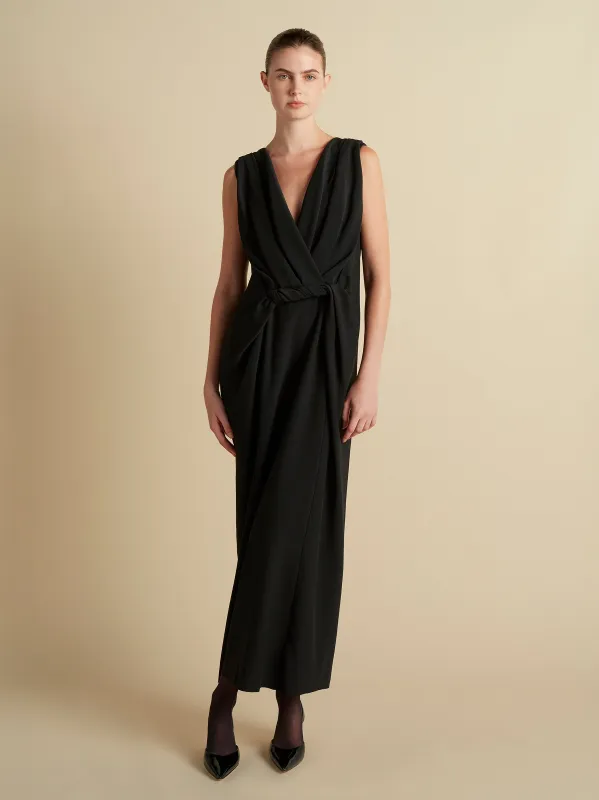 Cady V-Neck Draped Twist Belt Dress sold by Marina Moscone