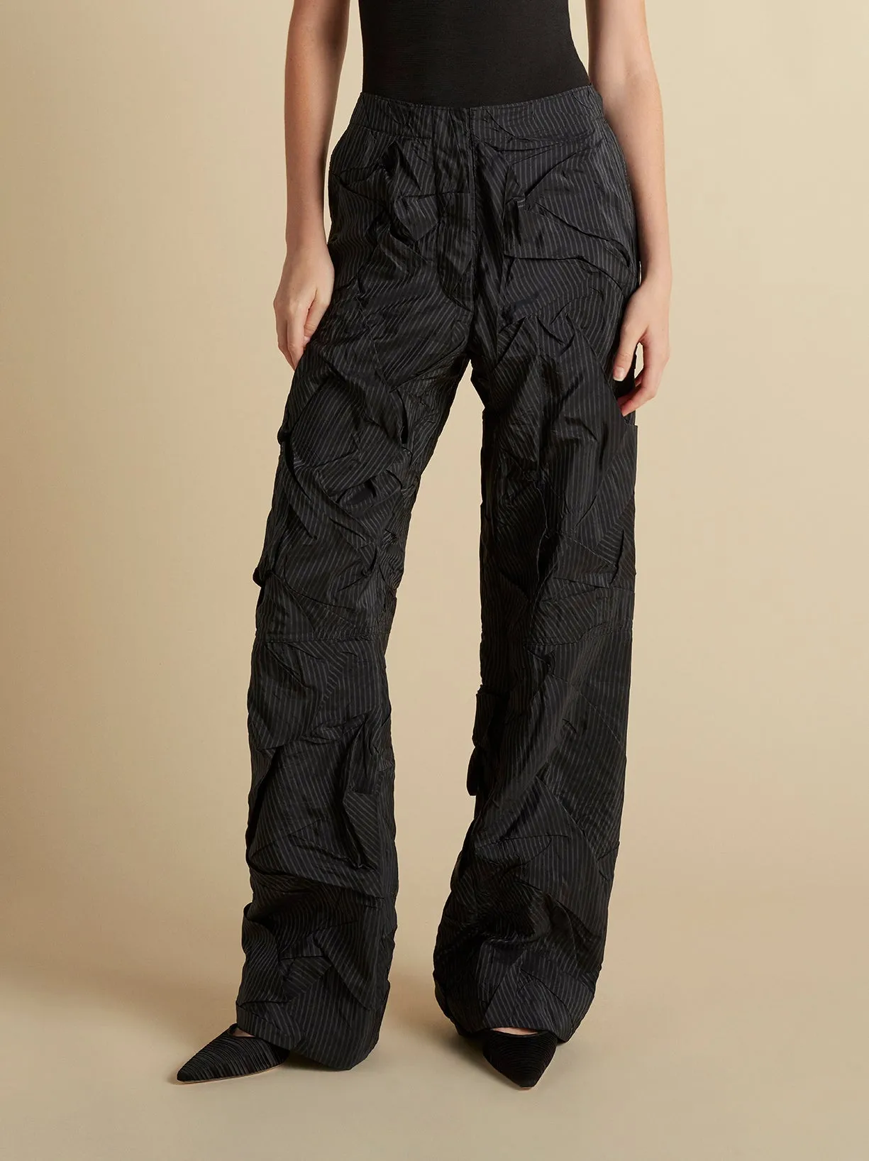 Crushed Pinstripe Parachute Trouser sold by Marina Moscone