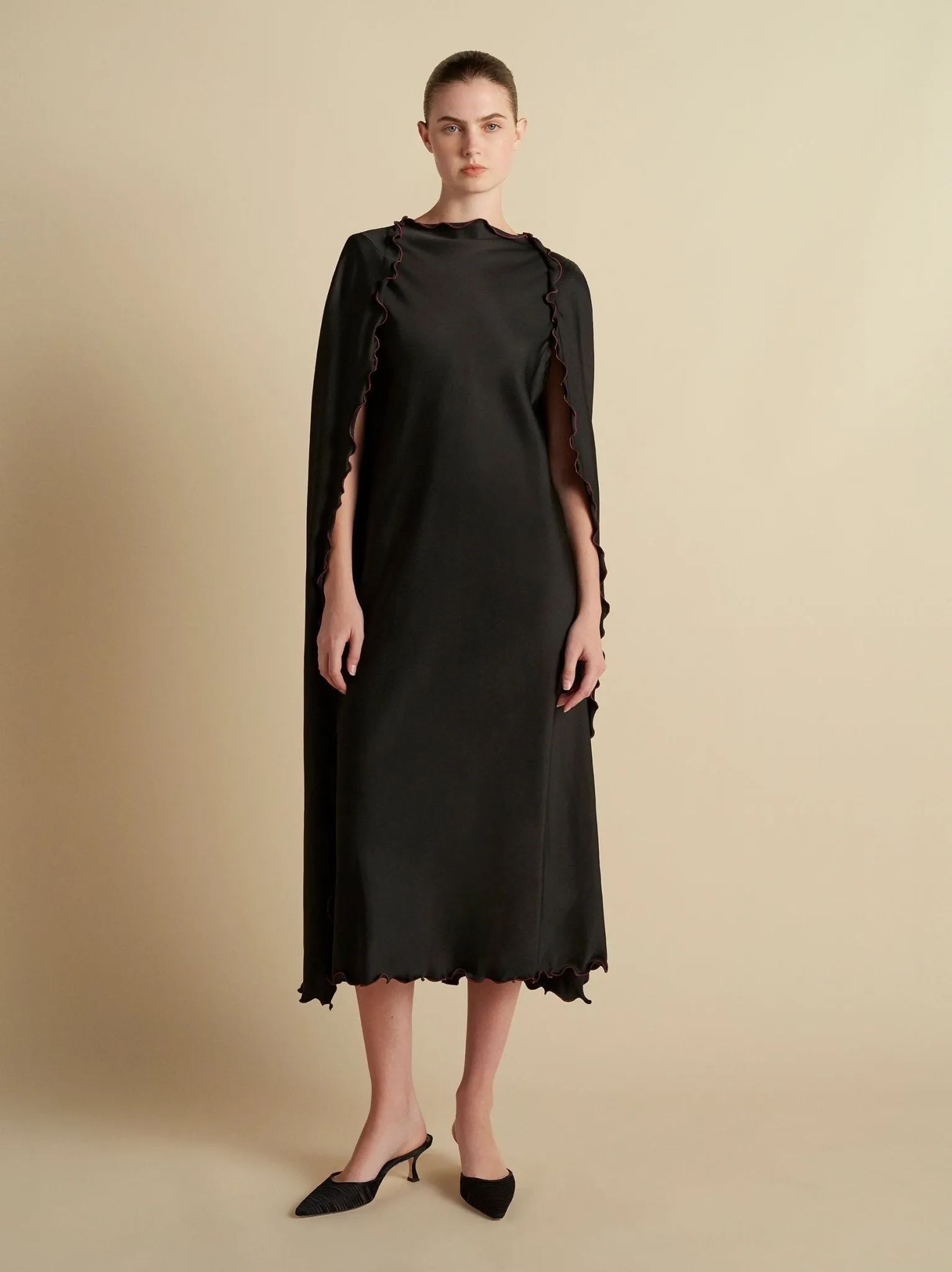 Cady Cape Dress with Scalloped Edge sold by Marina Moscone