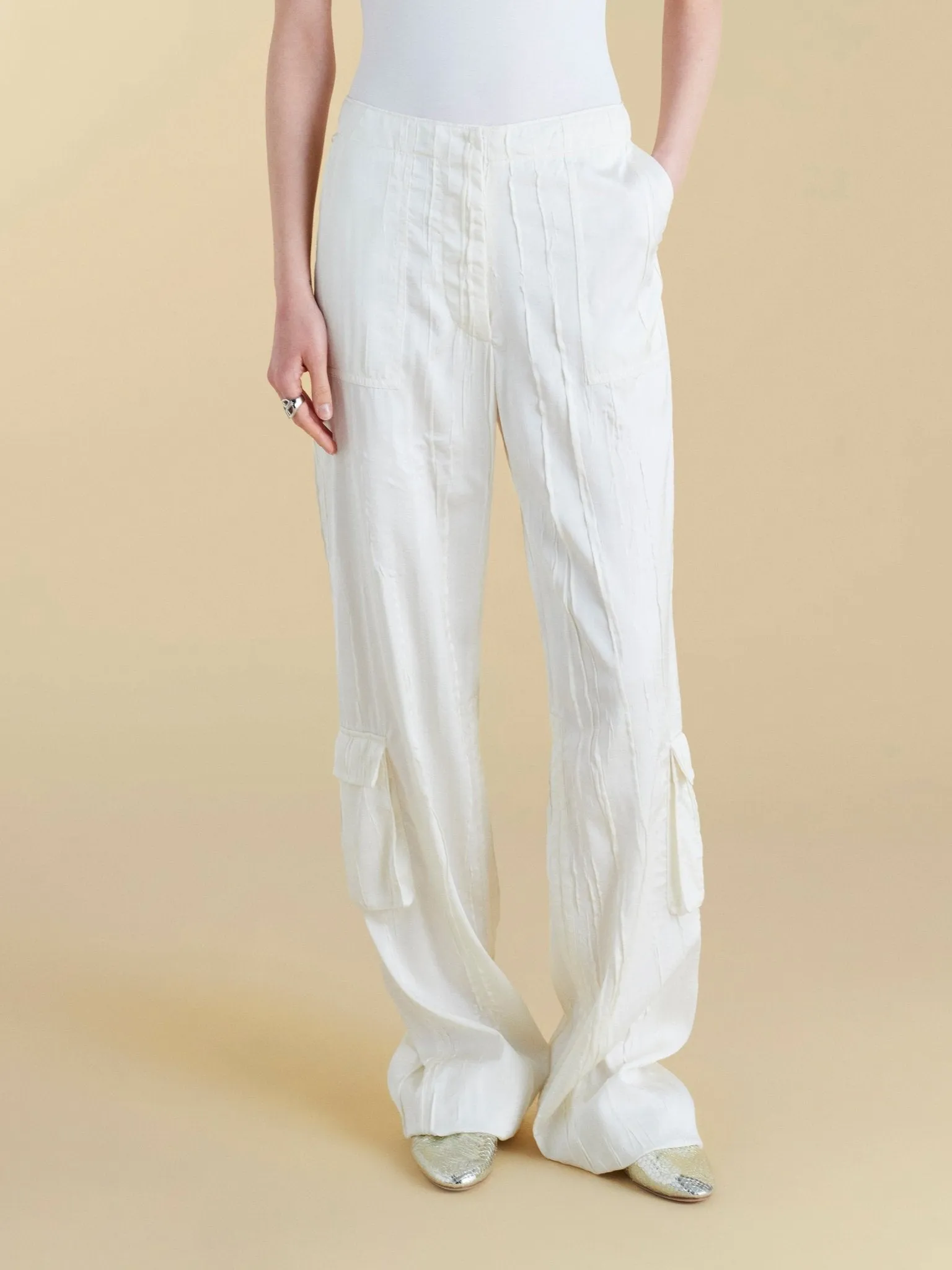 Crinkled Satin Cargo Trouser sold by Marina Moscone