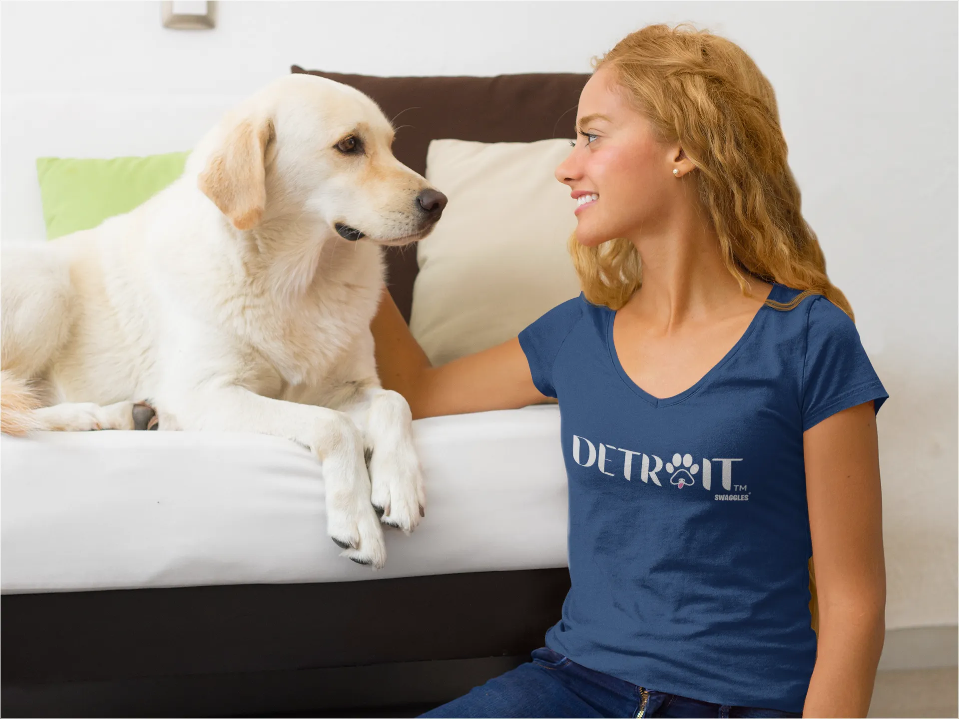 Detroit dog pink tongue - Women's V-Neck - Navy Blue sold by Swaggles