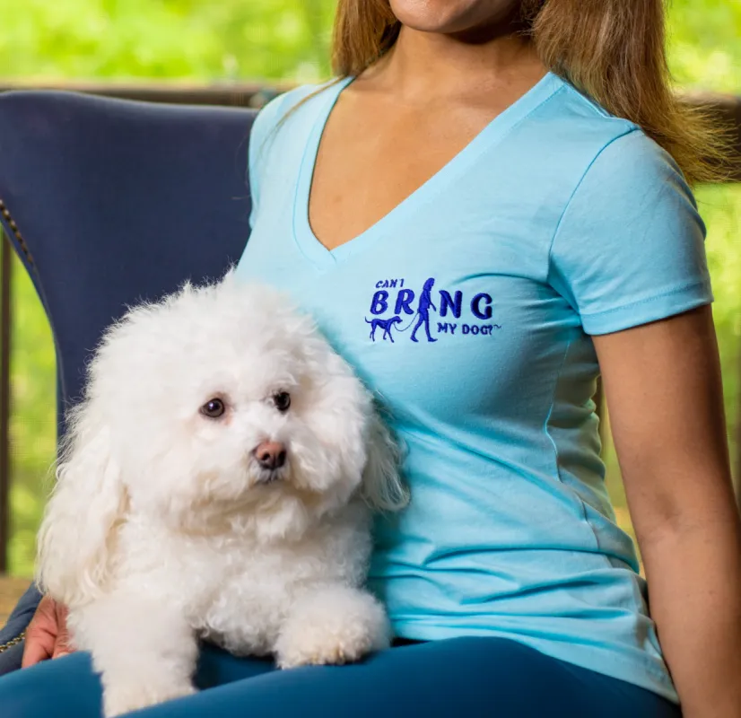 "Can I Bring My Dog?" - Woman Walking - Deep V-Neck sold by Swaggles